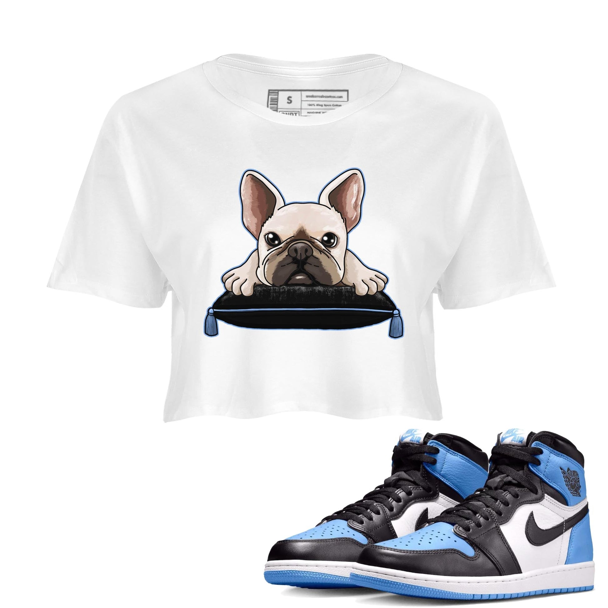 Air Jordan 1 Retro High OG University Blue shirt to match jordans French Bulldog sneaker tees Air Jordan 1 UNC Toe SNRT Sneaker Release Tees White 1 Crop T-Shirt