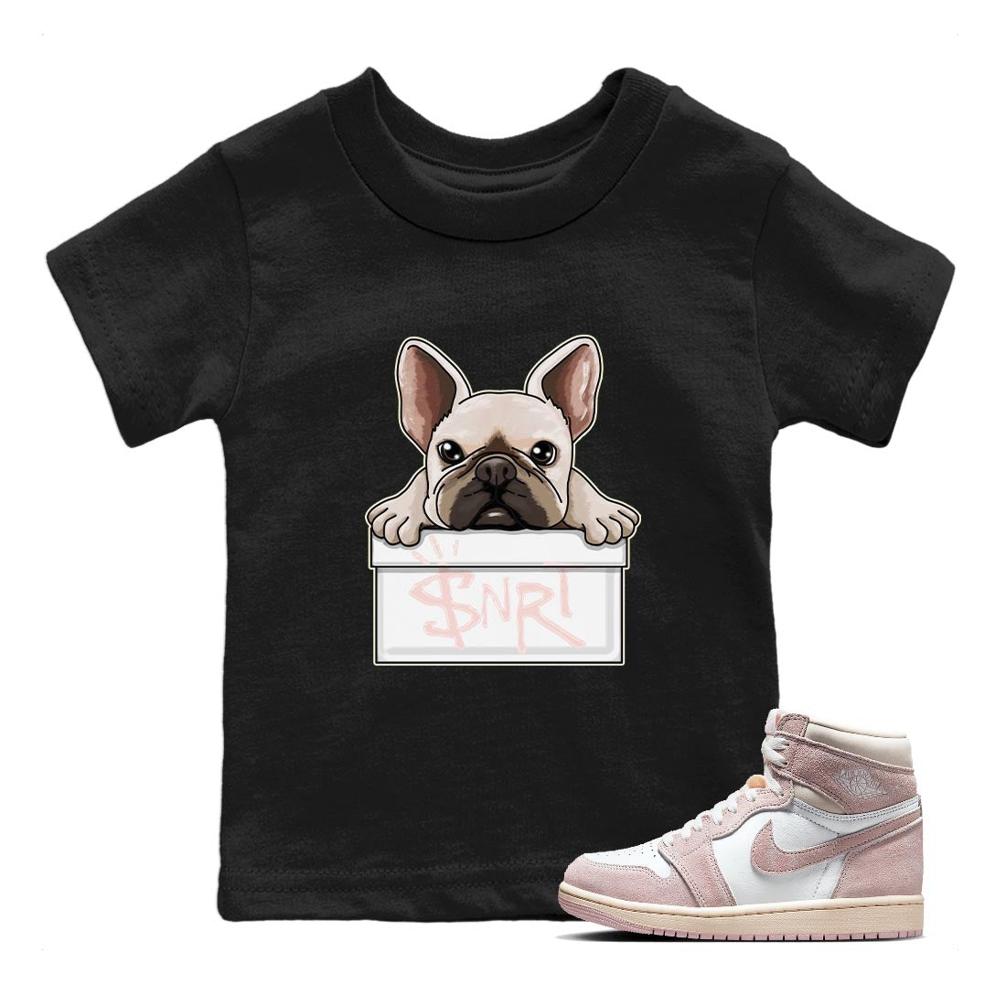 Air Jordan 1 Washed Pink Sneaker Match Tees French Bulldog Sneaker Tees AJ1 Washed Pink Sneaker Release Tees Kids Shirts Black 1