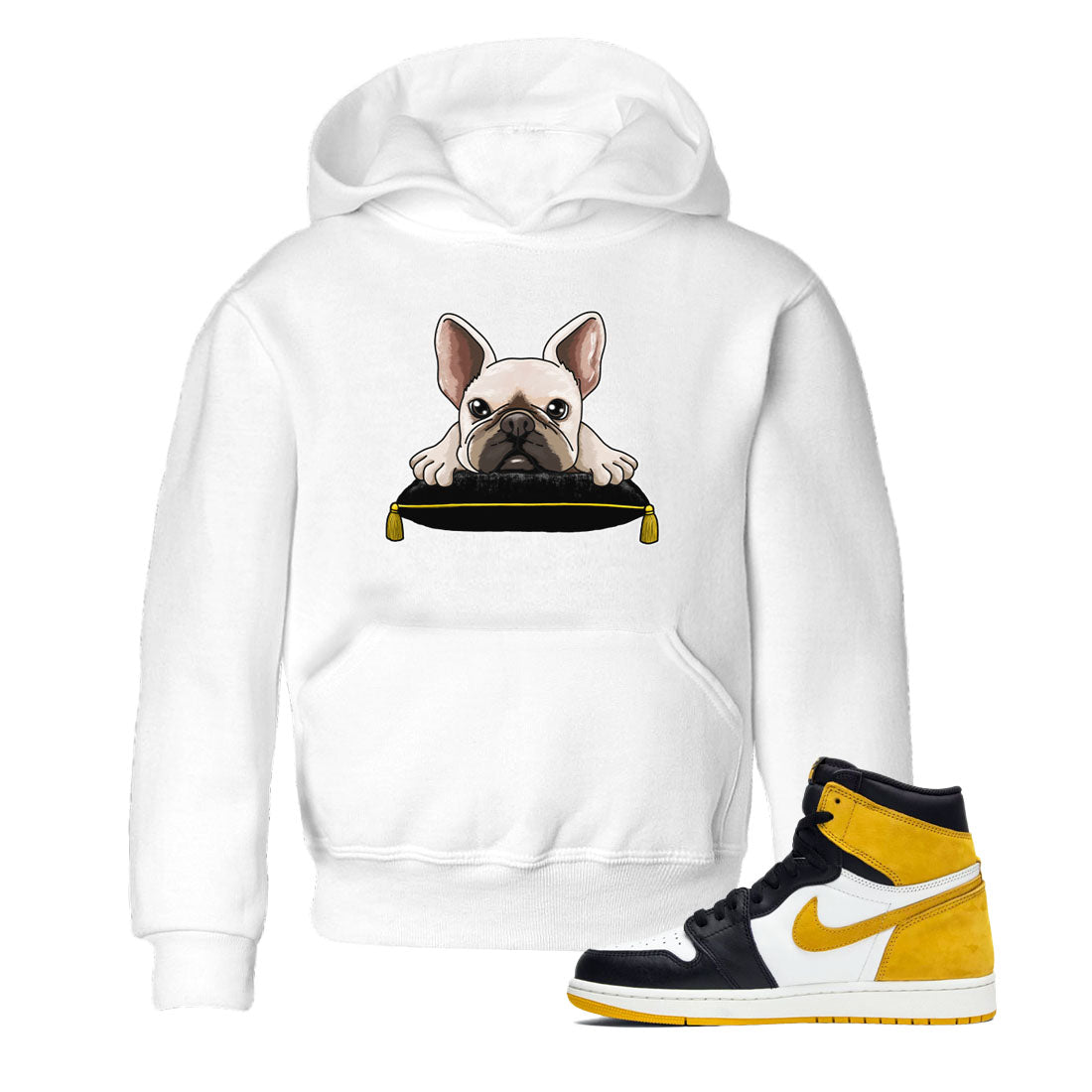 1s Yellow Ochre shirt to match jordans French Bulldog sneaker tees Air Jordan 1 High OG Yellow Ochre SNRT sneaker release tees baby toddler White 1 cotton Shirt