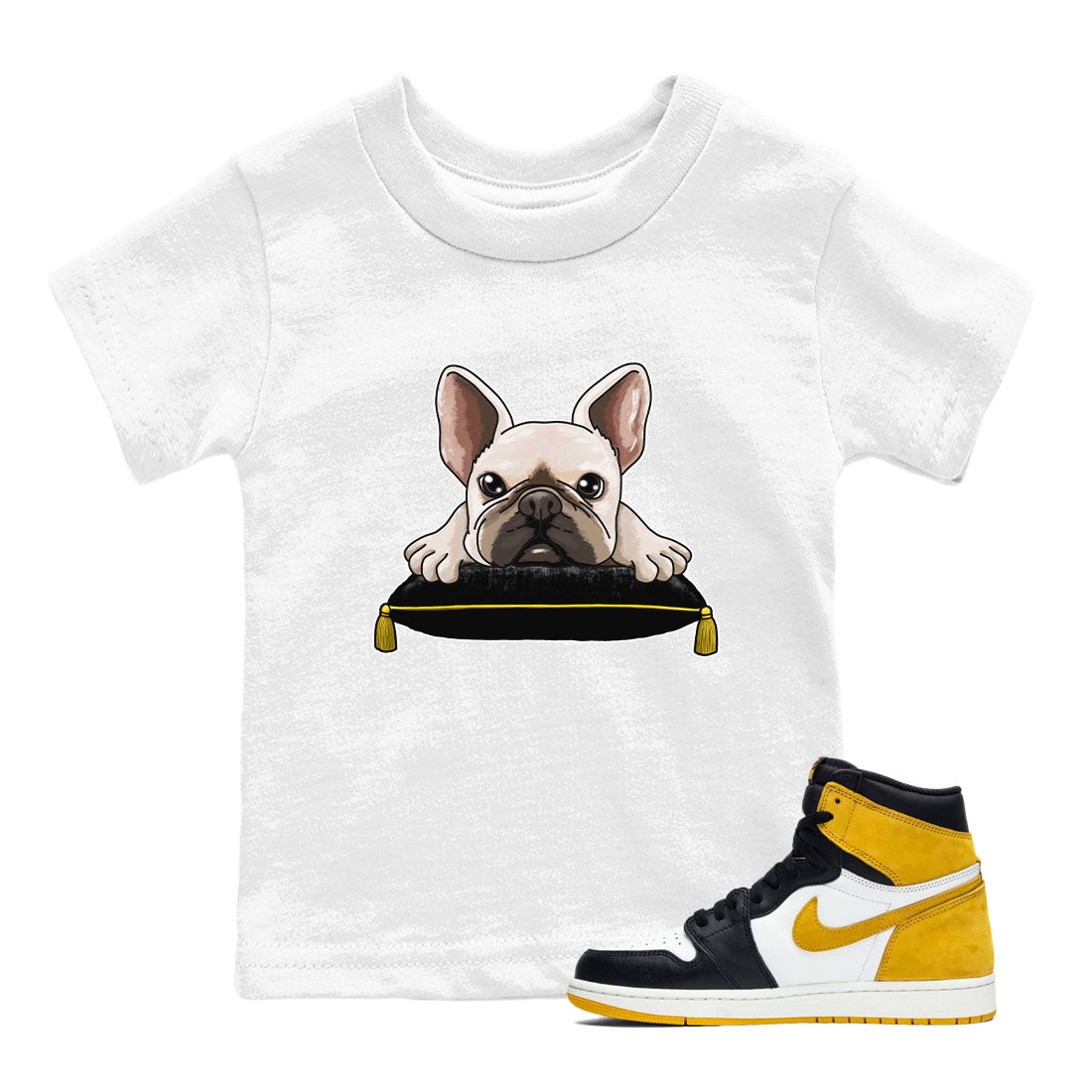 1s Yellow Ochre shirt to match jordans French Bulldog sneaker tees Air Jordan 1 High OG Yellow Ochre SNRT sneaker release tees baby toddler White 1 cotton Shirt