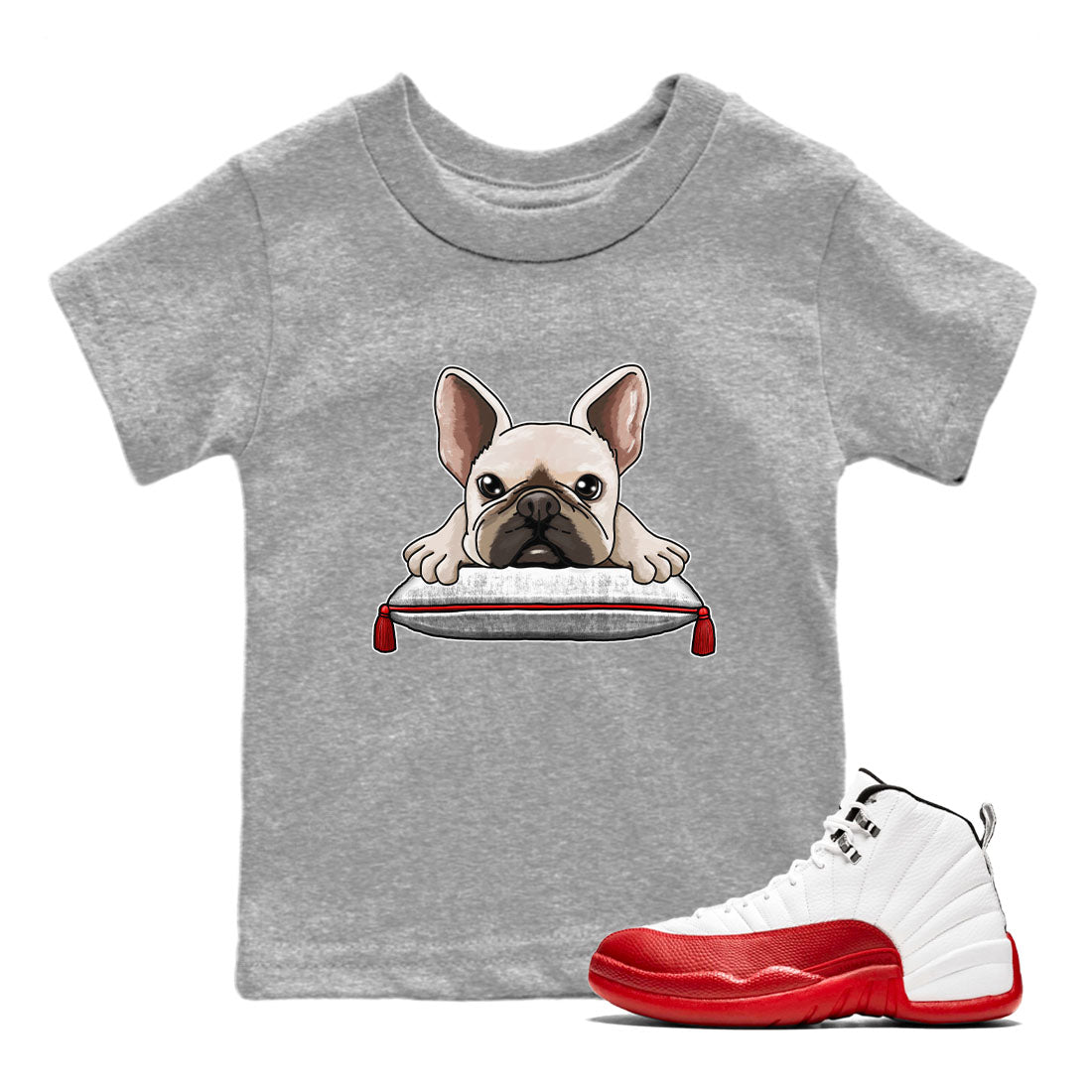 Jordan 12 Retro Cherry shirt to match jordans Varsity Red French Bulldog special sneaker matching tees 12s Cherry SNRT sneaker tees Baby Toddler Heather Grey 1 T-Shirt