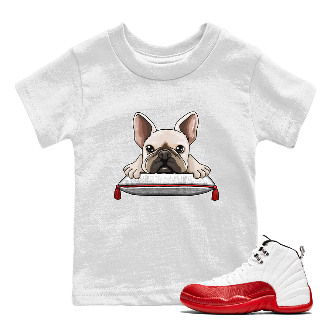 Jordan 12 Retro Cherry shirt to match jordans Varsity Red French Bulldog special sneaker matching tees 12s Cherry SNRT sneaker tees Baby Toddler White 1 T-Shirt