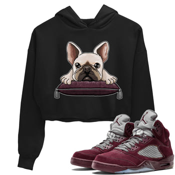 Jordan 5 Burgundy shirt to match jordans French Bulldog sneaker tees Crew Neck AJ5 Burgundy SNRT Sneaker Release Tees Black 1 Crop T-Shirt