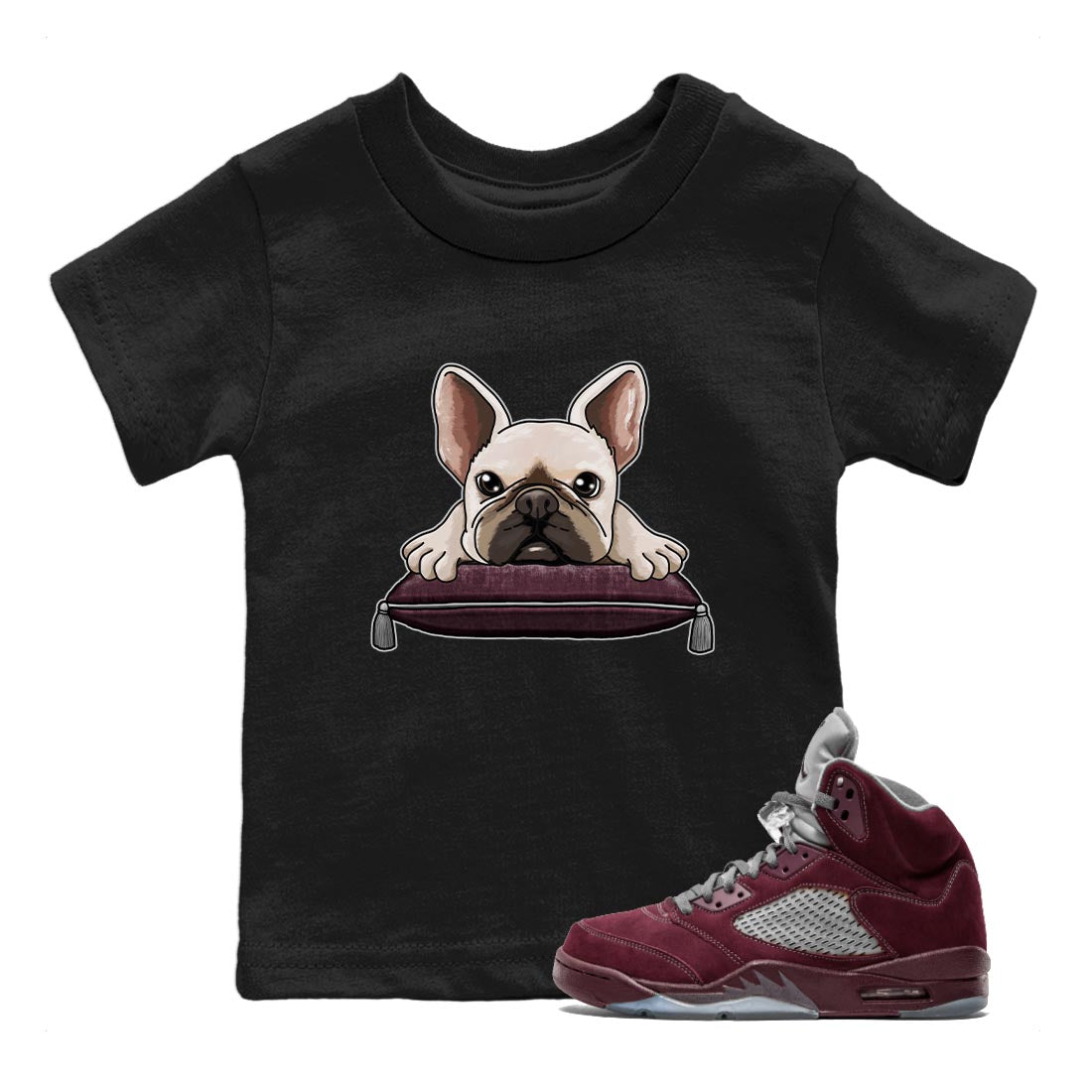 Jordan 5 Burgundy shirt to match jordans French Bulldog sneaker tees Crew Neck AJ5 Burgundy SNRT Sneaker Release Tees Baby Toddler Black 1 T-Shirt