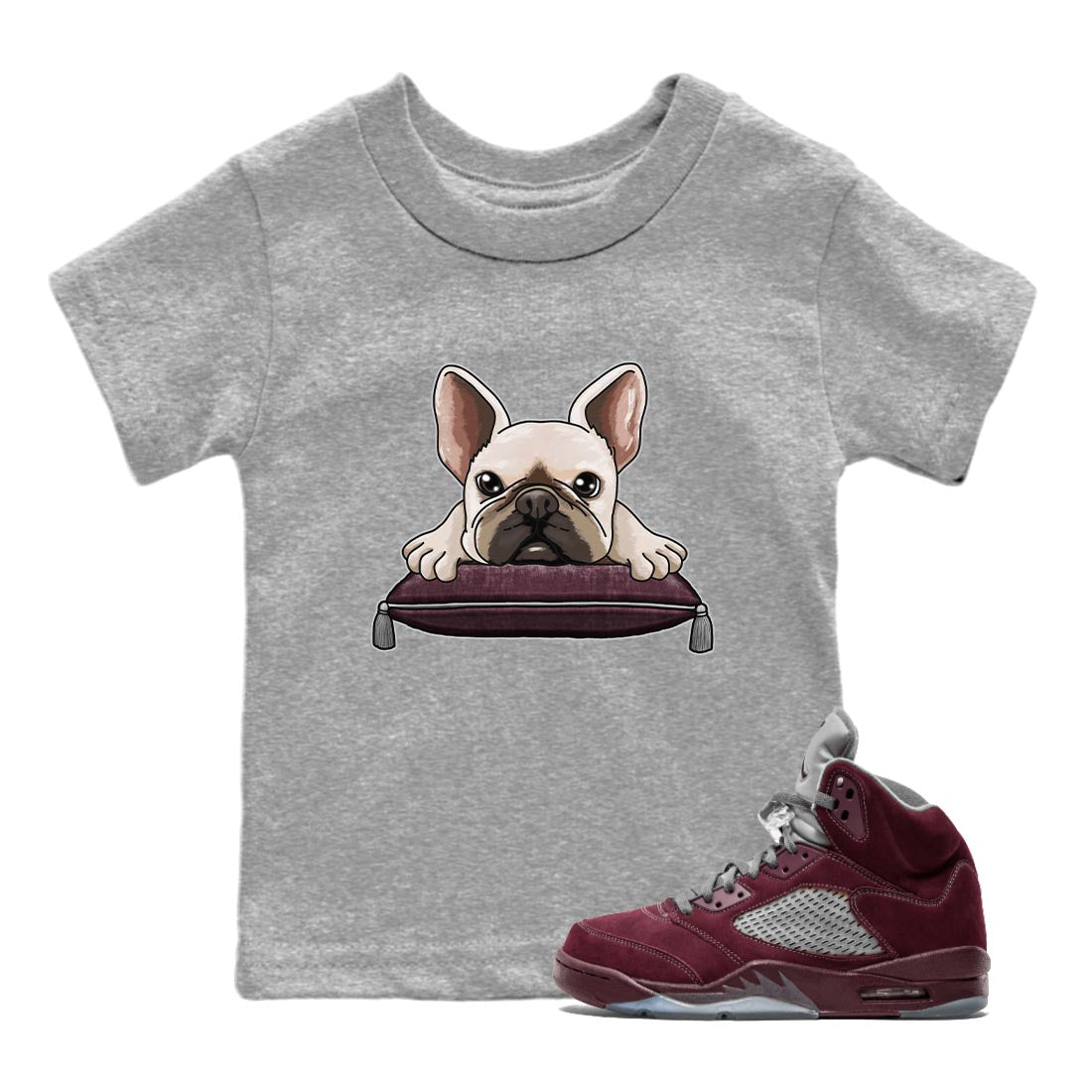 Jordan 5 Burgundy shirt to match jordans French Bulldog sneaker tees Crew Neck AJ5 Burgundy SNRT Sneaker Release Tees Baby Toddler Heather Grey 1 T-Shirt