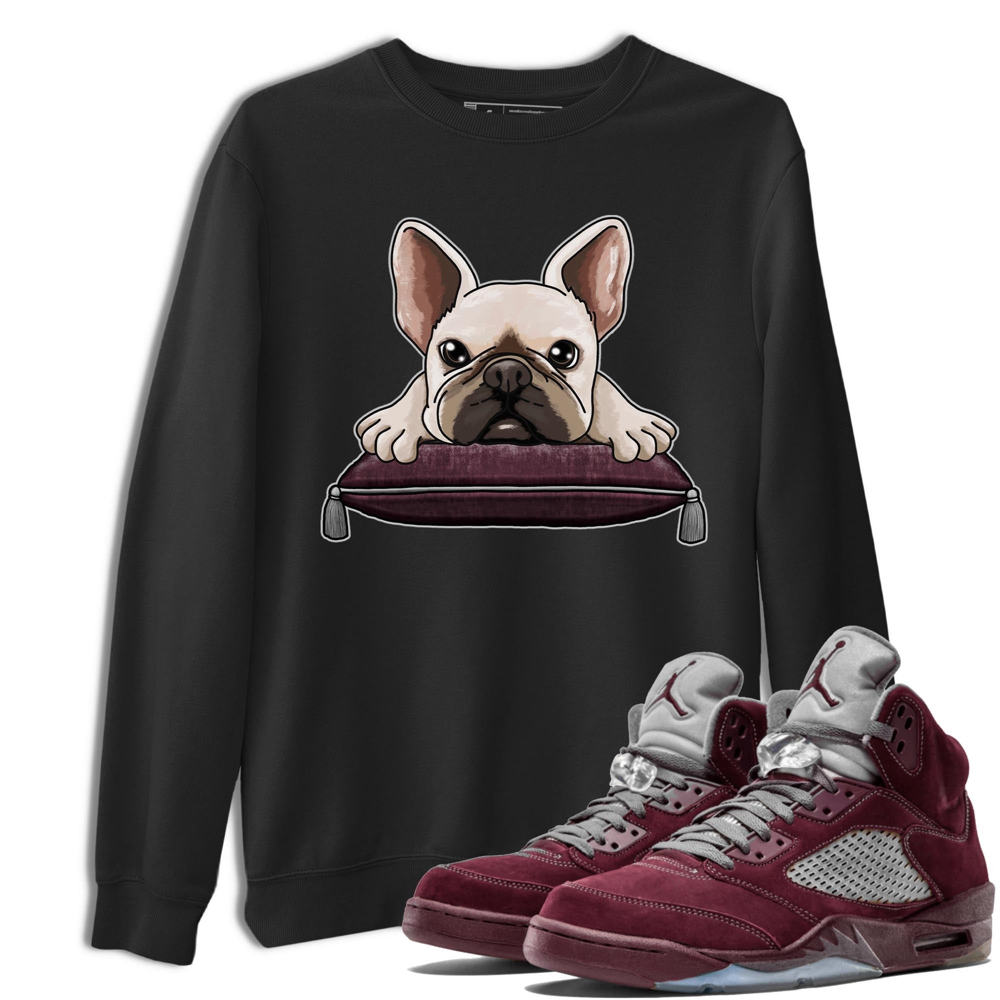 Jordan 5 Burgundy shirt to match jordans French Bulldog sneaker tees Crew Neck AJ5 Burgundy SNRT Sneaker Release Tees Unisex Casual Shirts Black 1 T-Shirt