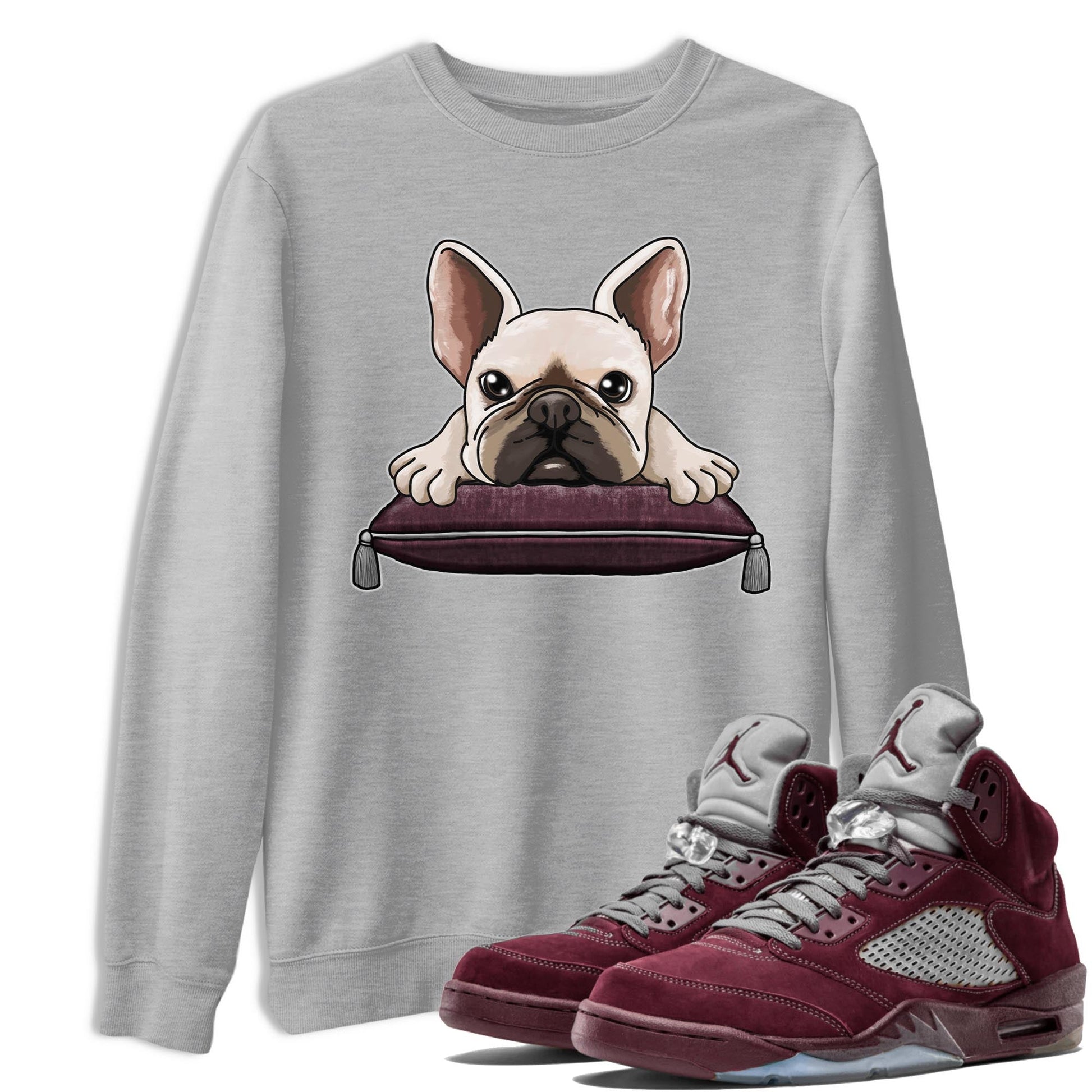 Jordan 5 Burgundy shirt to match jordans French Bulldog sneaker tees Crew Neck AJ5 Burgundy SNRT Sneaker Release Tees Unisex Casual Shirts Heather Grey 1 T-Shirt