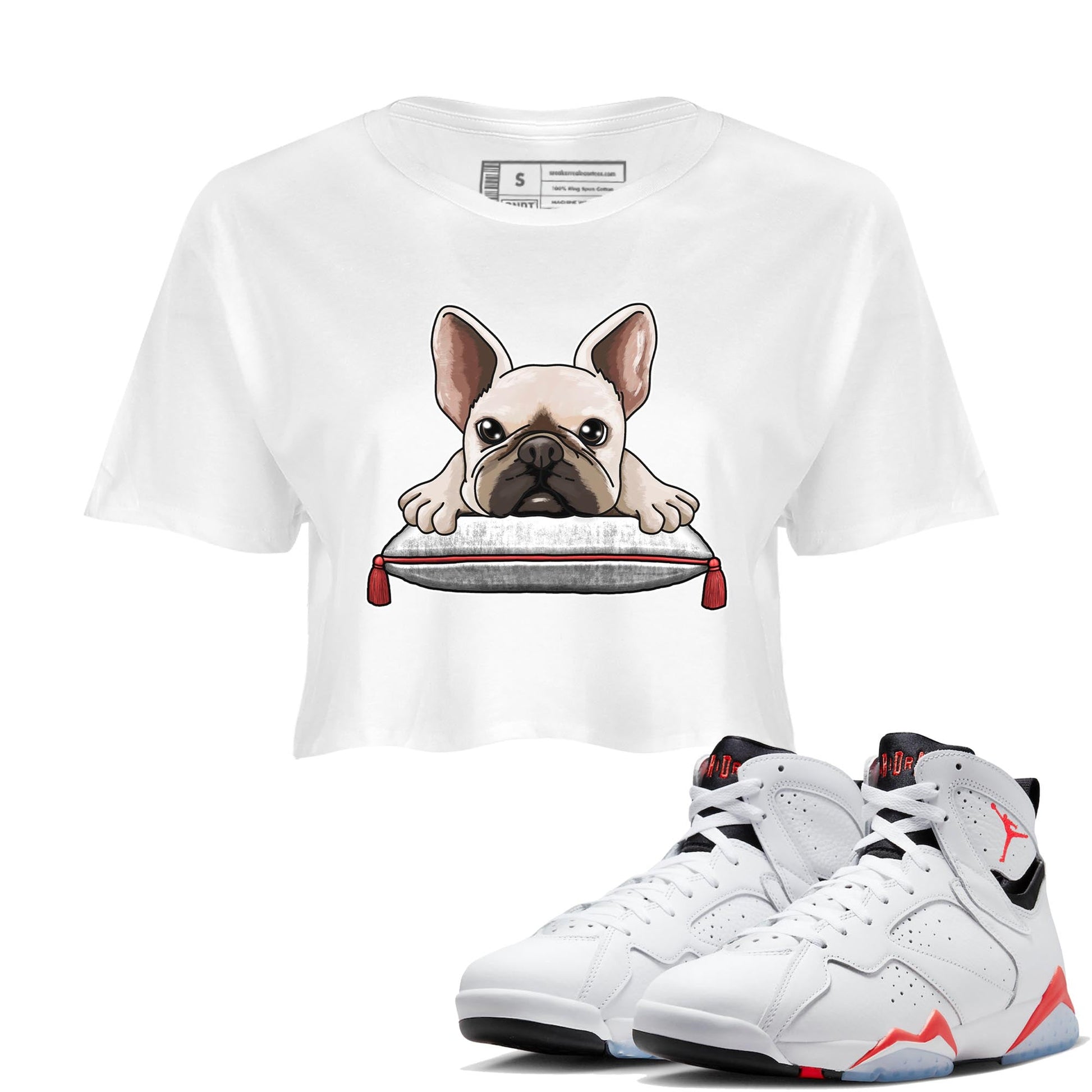 Air Jordan 7 White Infrared shirt to match jordans French Bulldog sneaker tees White Infrared 7s SNRT Sneaker Release Tees White 1 Crop T-Shirt