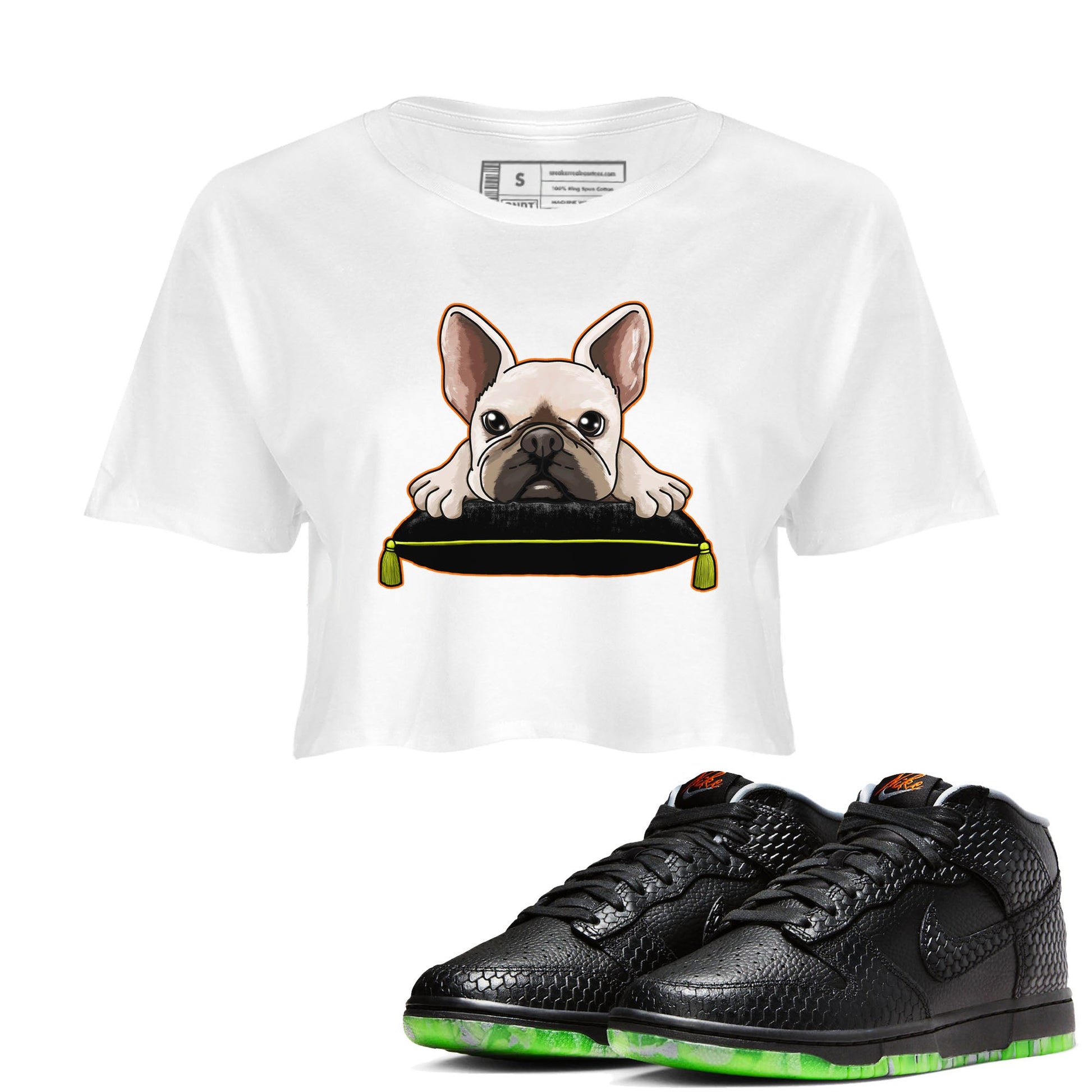 Dunk Mid Premium shirt to match jordans French Bulldog sneaker tees Dunk Mid Halloween SNRT Sneaker Tees Sneaker Matching Clothing Brand White 1 Crop T-Shirt