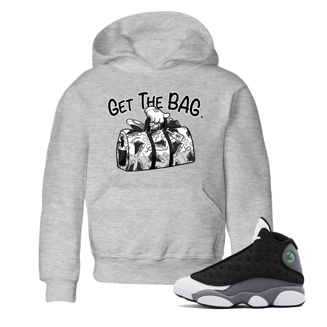 Air Jordan 13 Black Flint Sneaker Match Tees Get The Bag Sneaker Tees Air Jordan 13 Retro Black Flint Sneaker Release Tees Kids Shirts Heather Grey 1