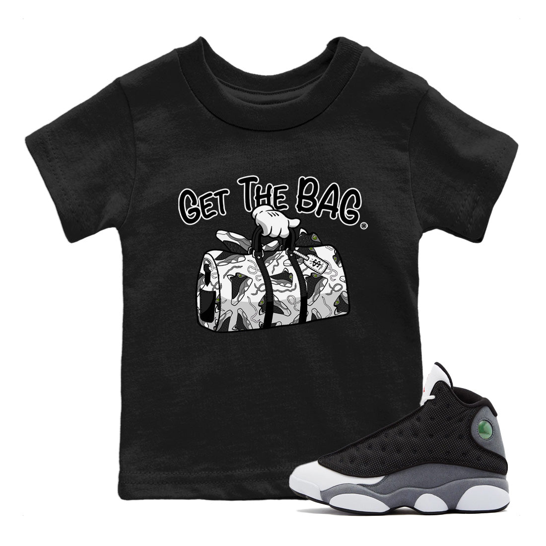 Air Jordan 13 Black Flint Sneaker Match Tees Get The Bag Sneaker Tees Air Jordan 13 Retro Black Flint Sneaker Release Tees Kids Shirts Black 1
