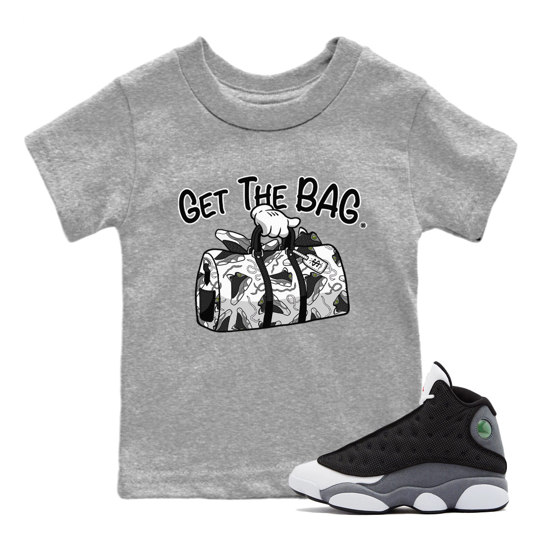 Air Jordan 13 Black Flint Sneaker Match Tees Get The Bag Sneaker Tees Air Jordan 13 Retro Black Flint Sneaker Release Tees Kids Shirts Heather Grey 1