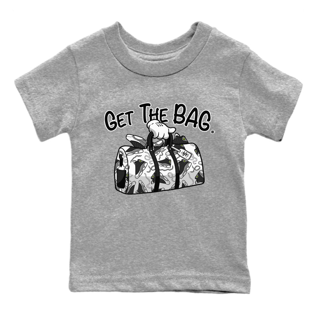 Air Jordan 13 Black Flint Sneaker Match Tees Get The Bag Sneaker Tees Air Jordan 13 Retro Black Flint Sneaker Release Tees Kids Shirts Heather Grey 2