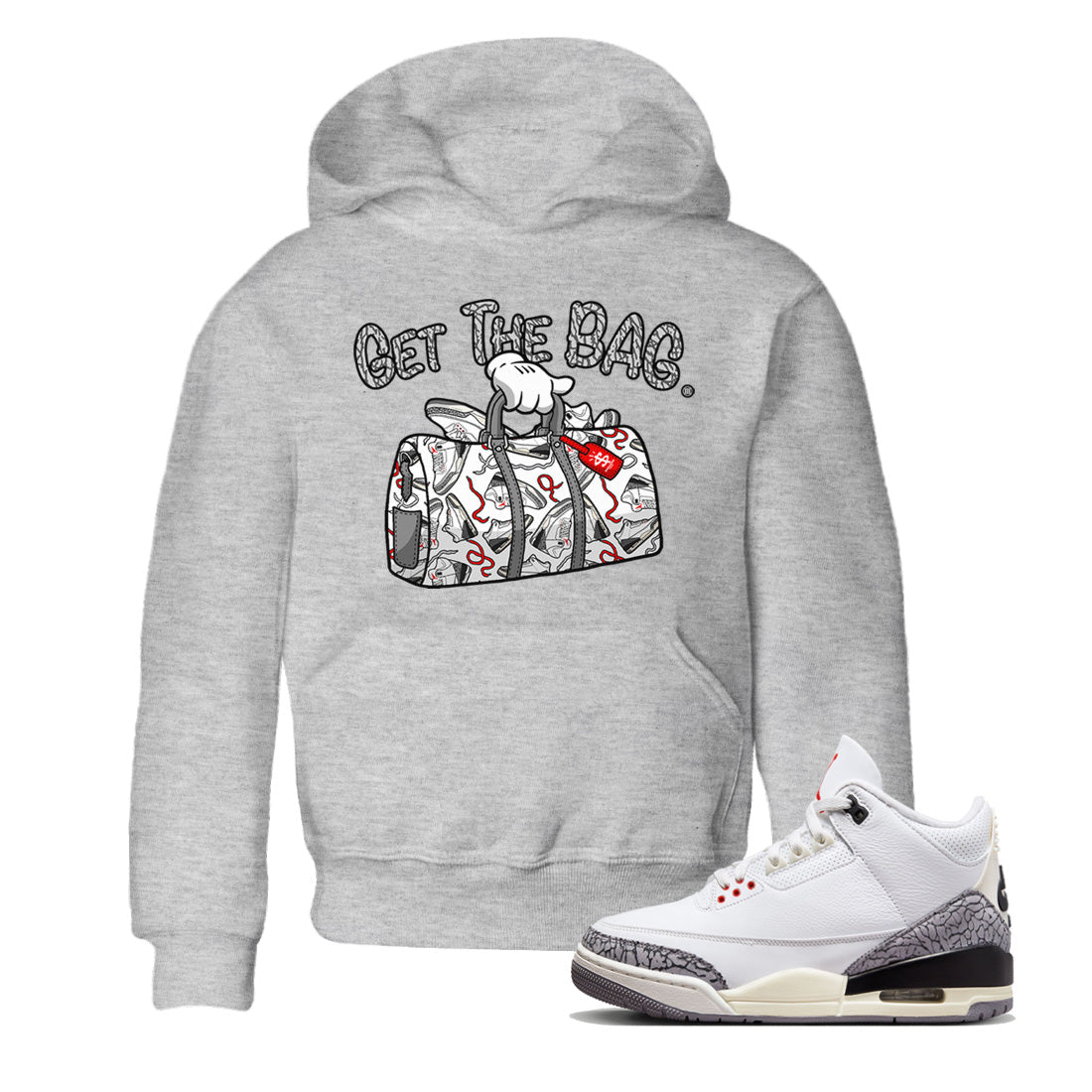 Air Jordan 3 White Cement Sneaker Match Tees Get The Bag Sneaker Tees Air Jordan 3 Retro White Cement Sneaker Release Tees Kids Shirts Heather Grey 1