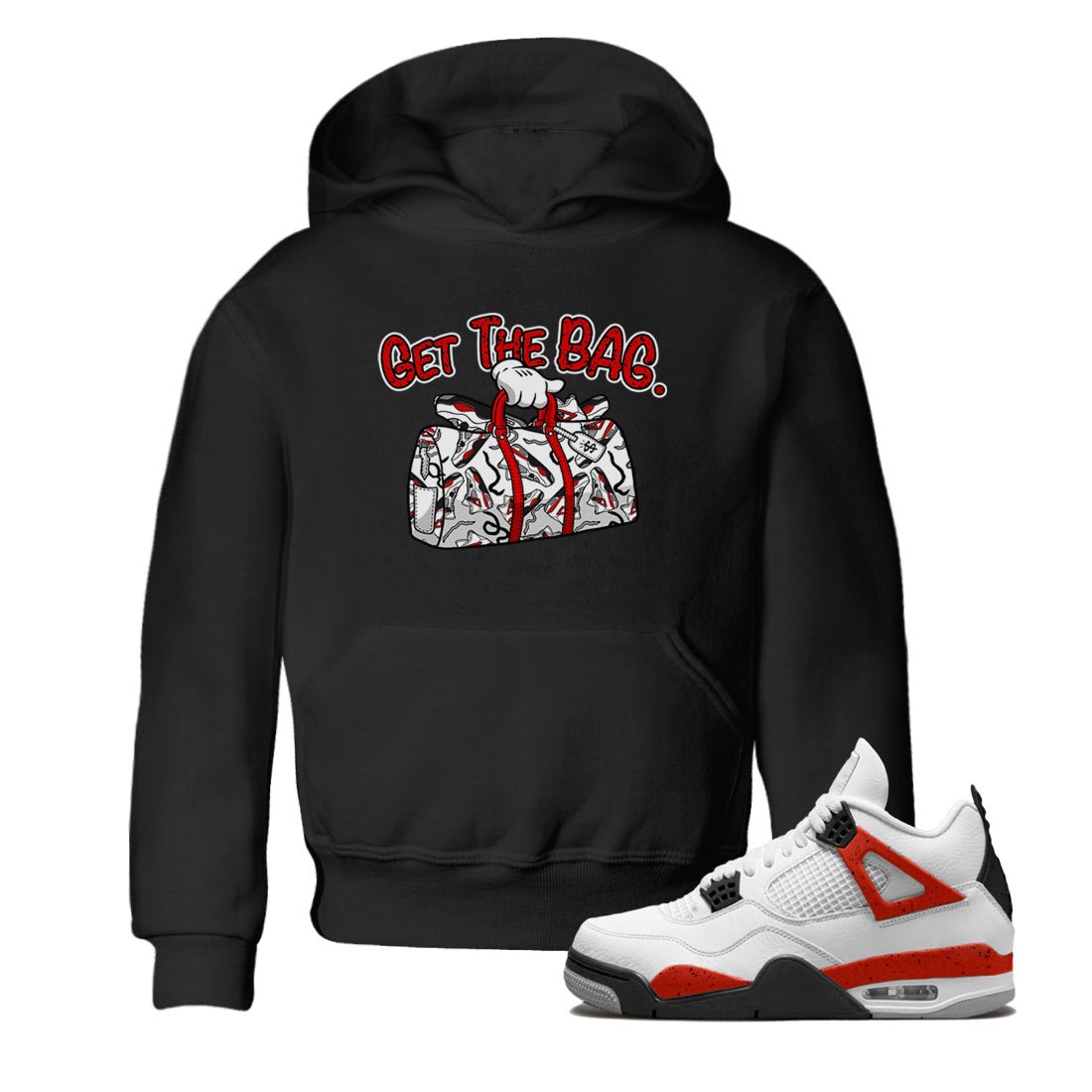 Jordan 4 Red Cement Tees Outfits Get The Bag Sneaker Tees Air Jordan 4 Red Cement Sneaker Release Tees Kids Shirts Black 1