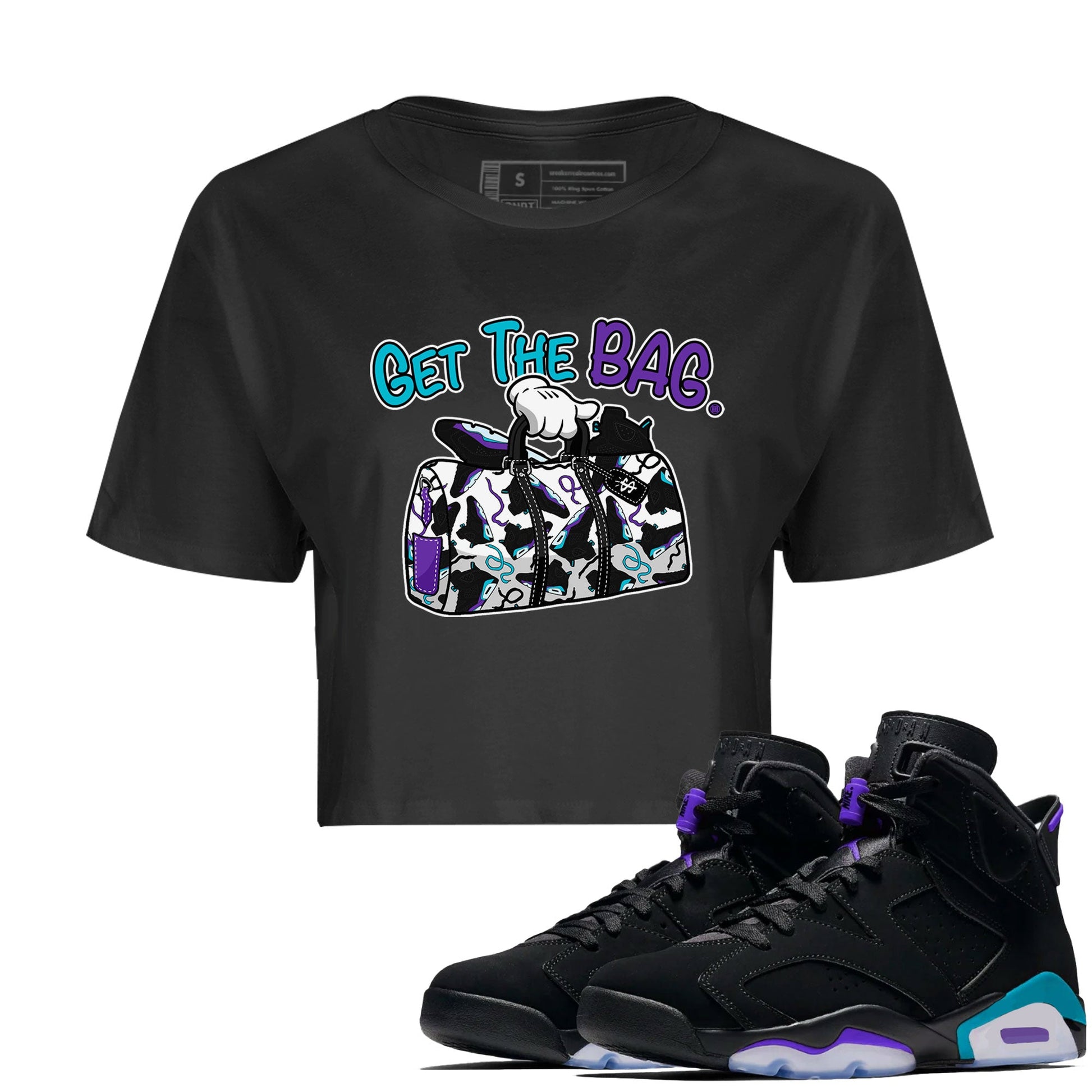 AJ6 Aqua Sneaker Match Tees Get The Bag Sneaker Tees Air Jordan 6 Aqua SNRT Sneaker Release Tees Women's Shirts Black 1