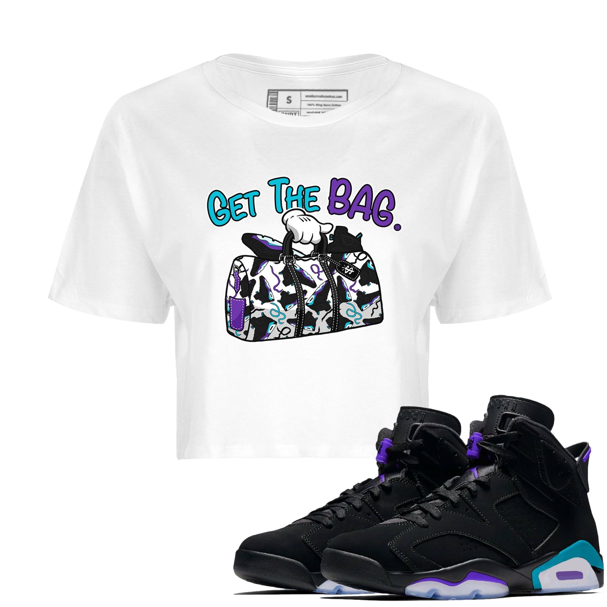 AJ6 Aqua Sneaker Match Tees Get The Bag Sneaker Tees Air Jordan 6 Aqua SNRT Sneaker Release Tees Women's Shirts White 1