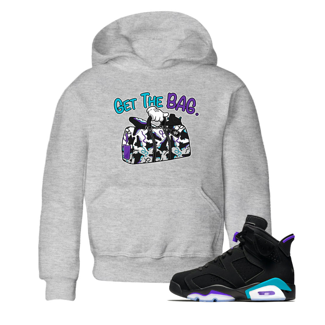 AJ6 Aqua Sneaker Match Tees Get The Bag Sneaker Tees Air Jordan 6 Aqua SNRT Sneaker Release Tees Kids and Baby Youth Shirts Heather Grey 1