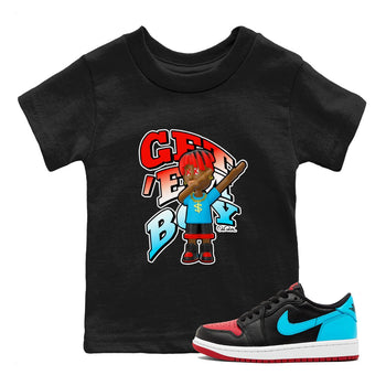 Air Jordan 1 UNC to Chicago Sneaker Match Tees Get'em Boy Sneaker Tees AJ1 UNC to Chicago Sneaker Release Tees Kids Shirts Black 1