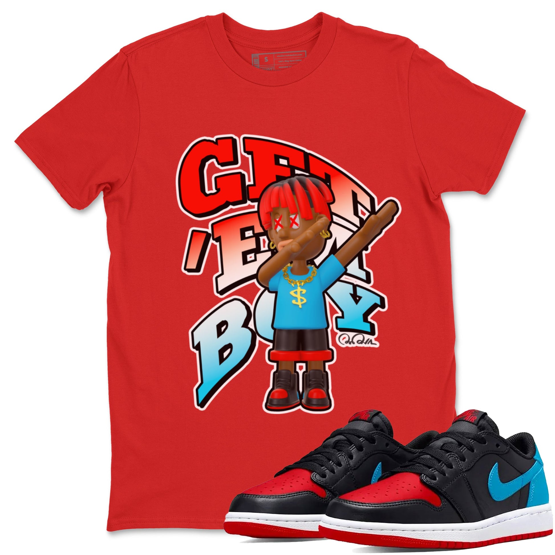 Air Jordan 1 UNC to Chicago Sneaker Match Tees Get'em Boy Sneaker Tees AJ1 UNC to Chicago Sneaker Release Tees Unisex Shirts Red 1