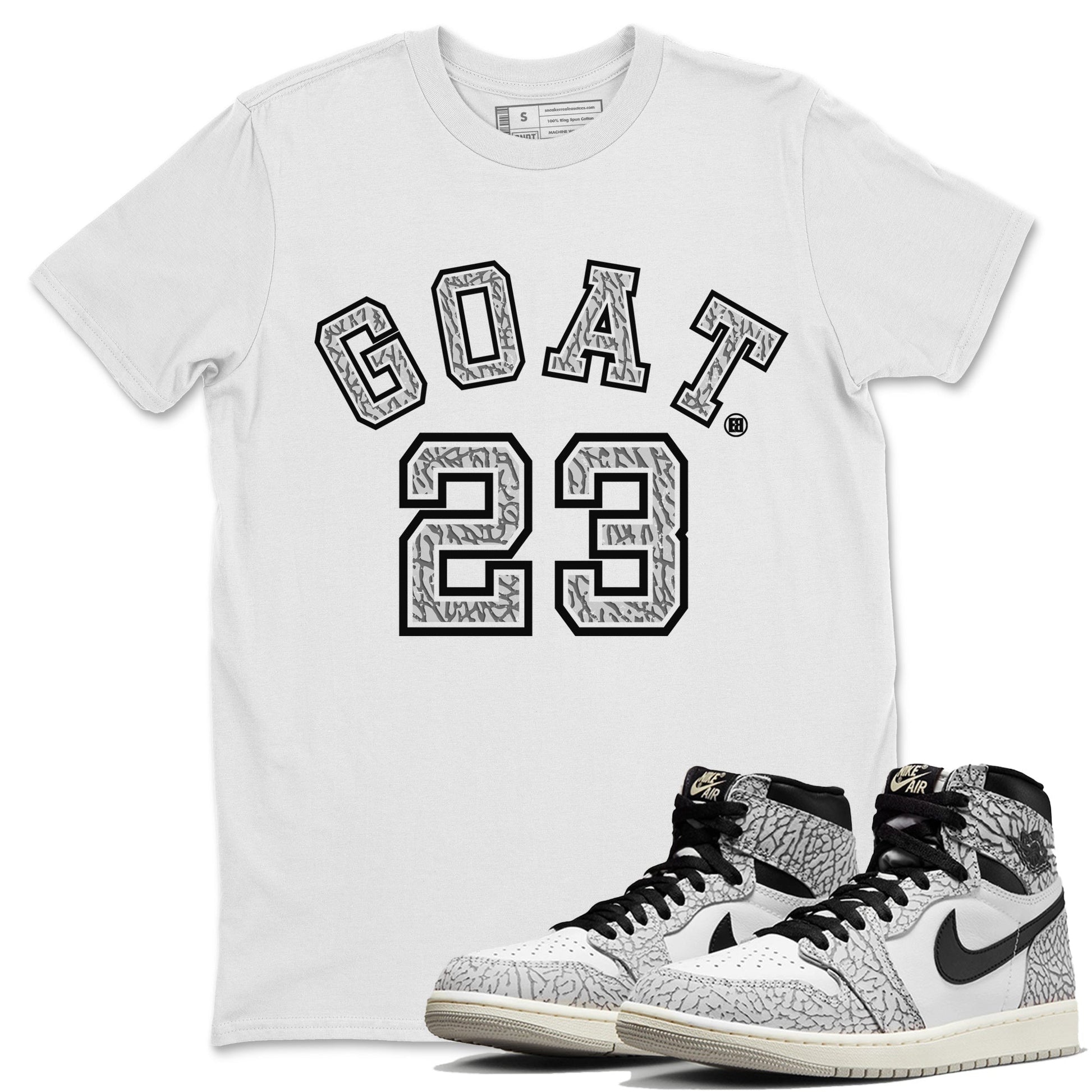 Jordan 1 White Cement Sneaker Match Tees Goat 23 Sneaker Tees Jordan 1 White Cement Sneaker Release Tees Unisex Shirts