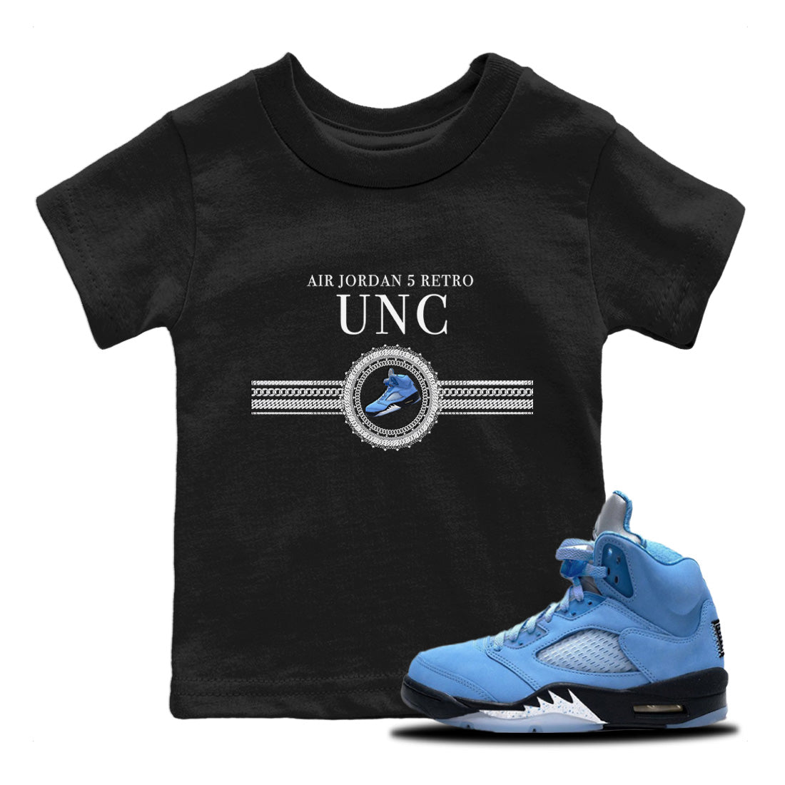 Jordan 5 UNC Jordan Shirts Gold Chain Sneaker Tees Air Jordan 5 Retro UNC Sneaker Release Tees Kids Shirts Black 1