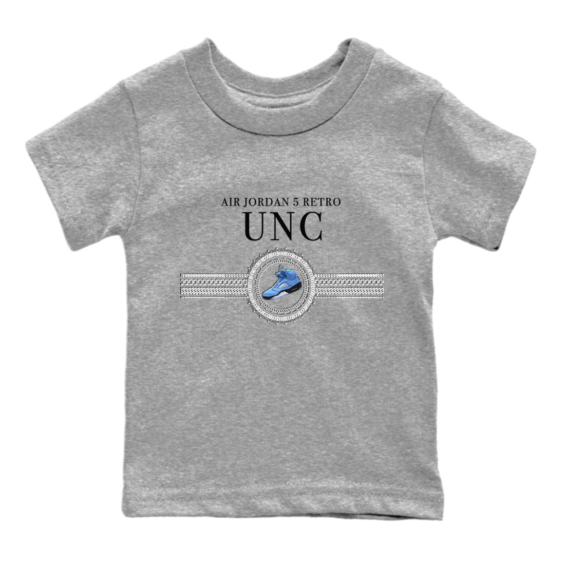 Jordan 5 UNC Jordan Shirts Gold Chain Sneaker Tees Air Jordan 5 Retro UNC Sneaker Release Tees Kids Shirts Heather Grey 2