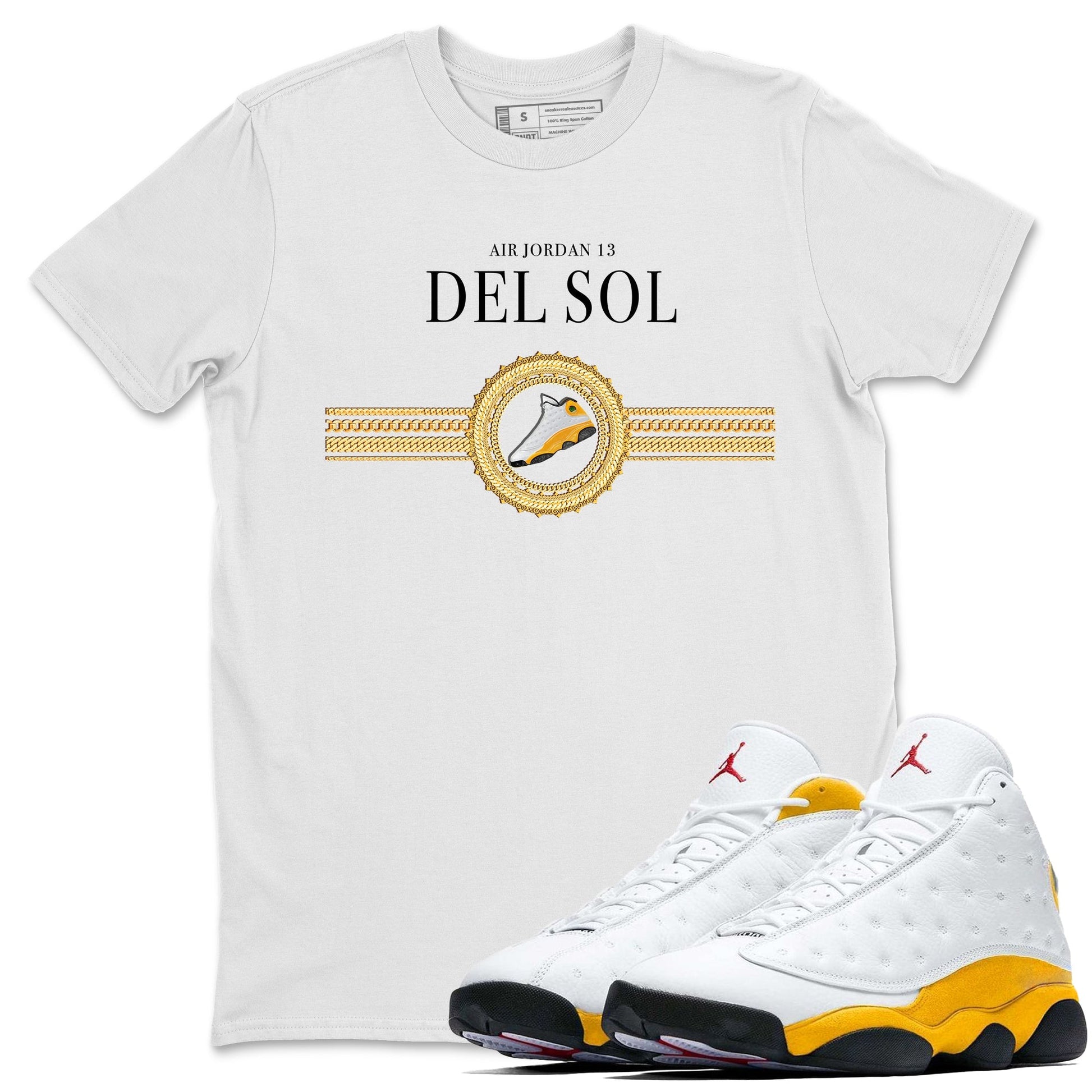 Jordan 13 Del Sol Sneaker Match Tees Gold Chains Sneaker Tees Jordan 13 Del Sol Sneaker Release Tees Unisex Shirts