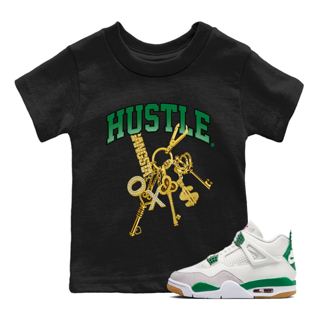 Jordan 4 Pine Green SB Sneaker Match Tees Gold Hustle Sneaker Tees Nike SB x Jordan 4 Pine Green Sneaker Tees Sneaker Release Shirts Kids Shirts Black 1