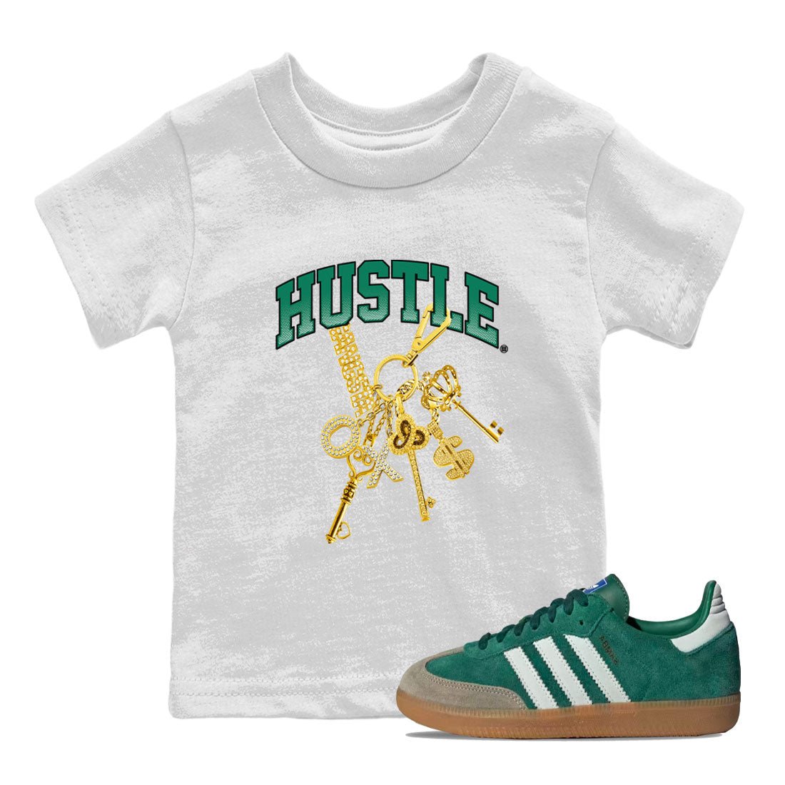 Adidas Samba Collegiate Green Gum shirt to match jordans Gold Hustle sneaker tees Samba Collegiate Green Gum SNRT Sneaker Release Tees Baby Toddler White 1 T-Shirt