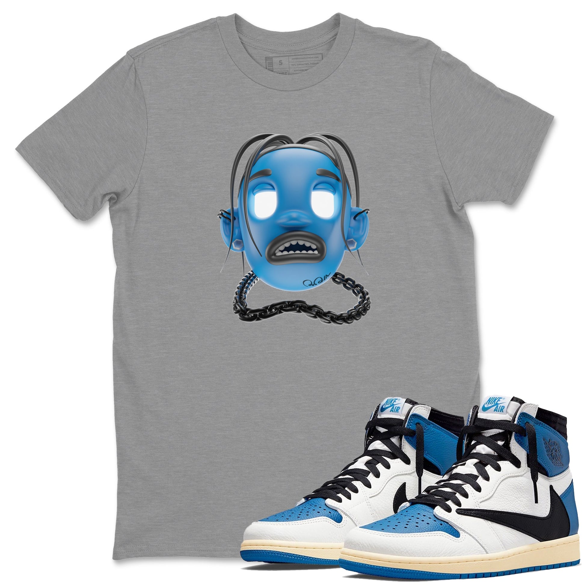 Air Jordan 1 Travis Scott Fragment Sneaker Match Tees Goosebumps Boy Sneaker Tees AJ1 OG High Travis Scott Fragment Sneaker Release Tees Unisex Shirts Heather Grey 1