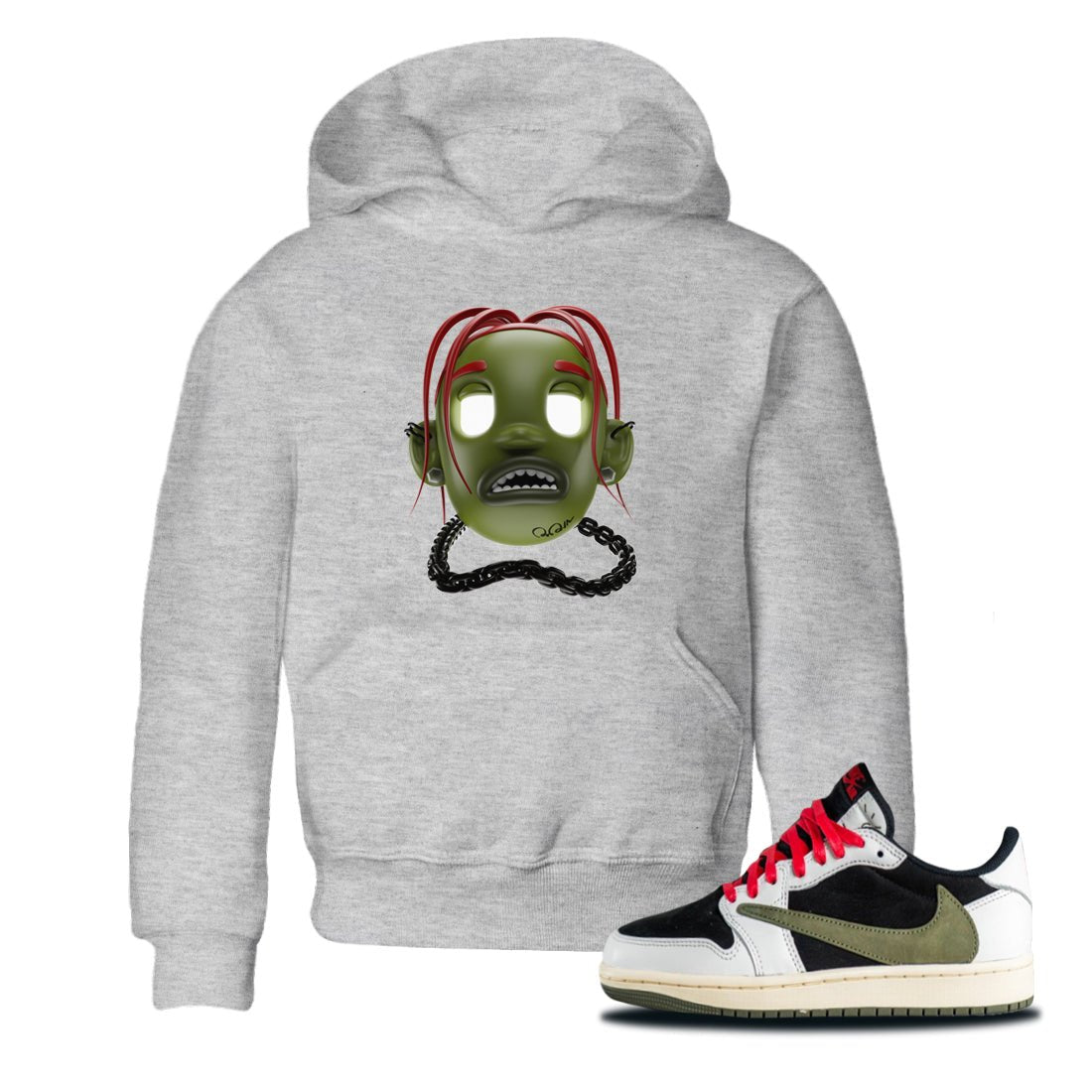 Air Jordan 1 Travis Scott Olive Sneaker Match Tees Goosebumps Boy Sneaker Tees AJ1 OG Travis Scott Olive Sneaker Release Tees Kids Shirts Heather Grey 1