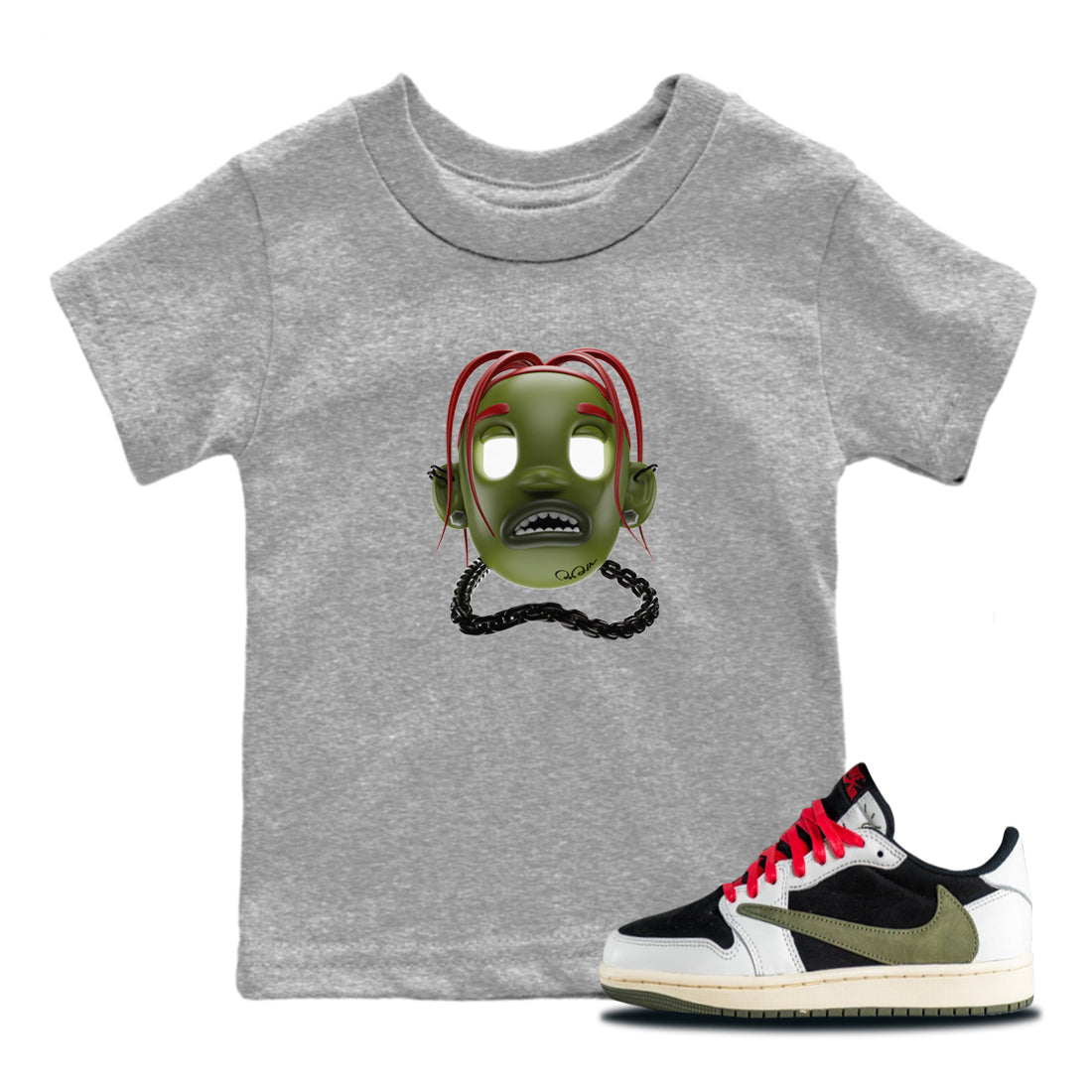 Air Jordan 1 Travis Scott Olive Sneaker Match Tees Goosebumps Boy Sneaker Tees AJ1 OG Travis Scott Olive Sneaker Release Tees Kids Shirts Heather Grey 1