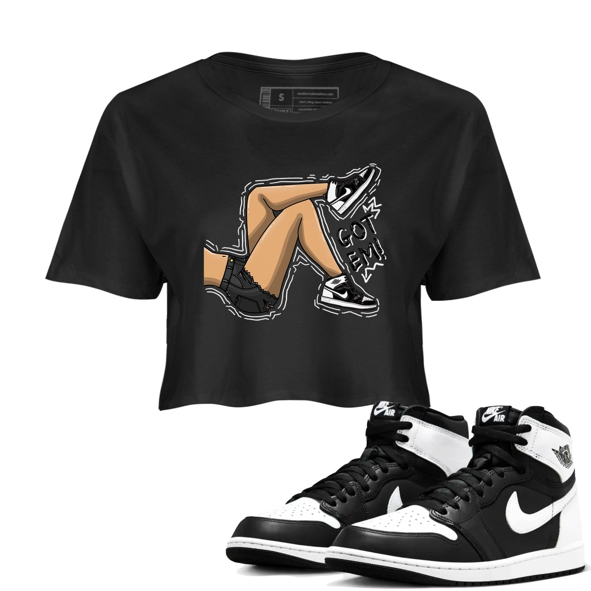1s Black White shirt to match jordans Got Em Legs sneaker tees Air Jordan 1 Black White SNRT Sneaker Release Tees Black 1 crop length shirt