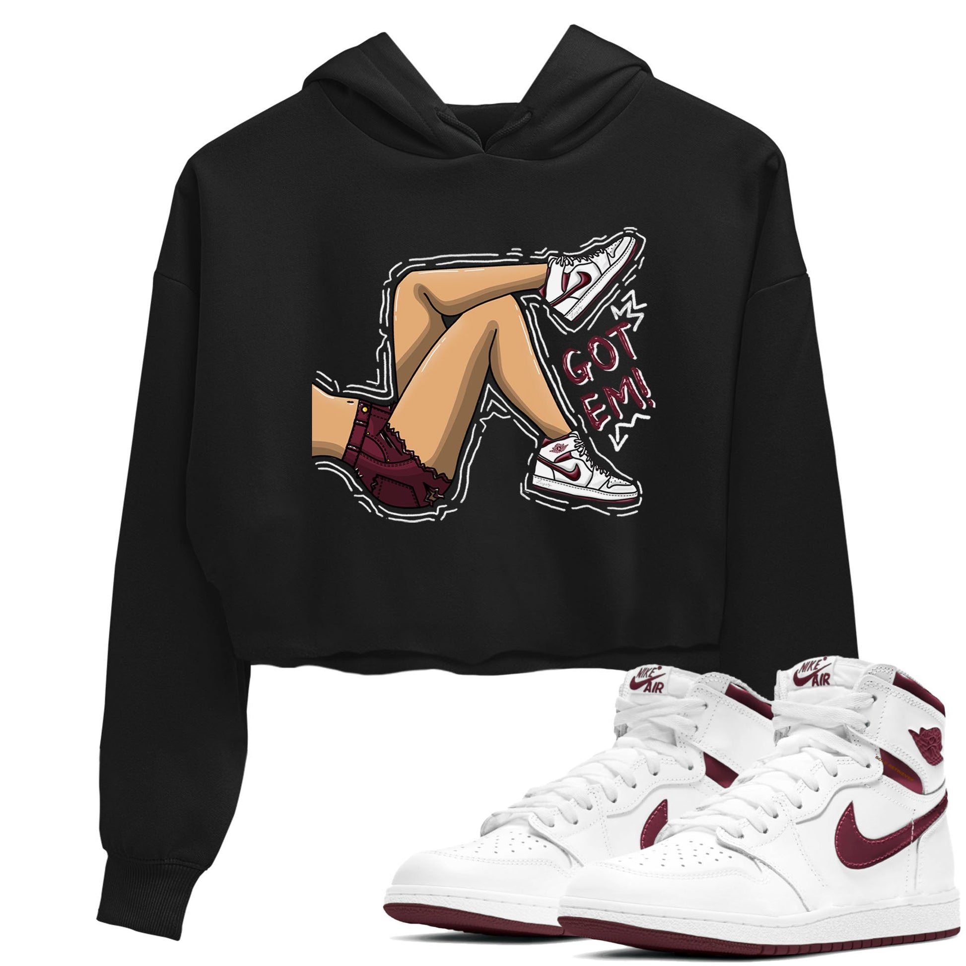 AJ1 Metalic Burgundy shirt to match jordans Got Em Legs sneaker tees Air Jordan 1 Metalic Burgundy SNRT Sneaker Release Tees Black 1 crop length shirt