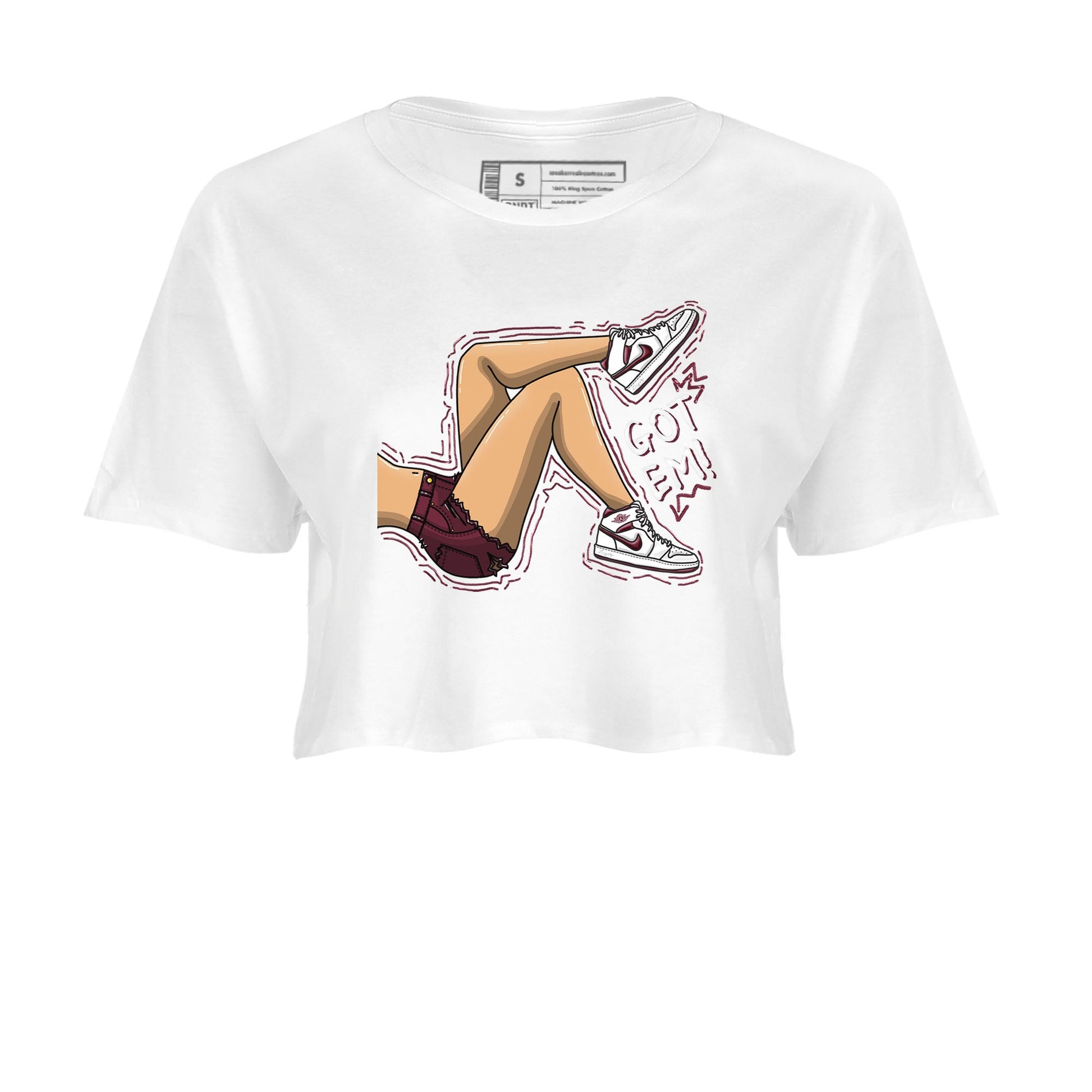 AJ1 Metalic Burgundy shirt to match jordans Got Em Legs sneaker tees Air Jordan 1 Metalic Burgundy SNRT Sneaker Release Tees White 2 crop length shirt
