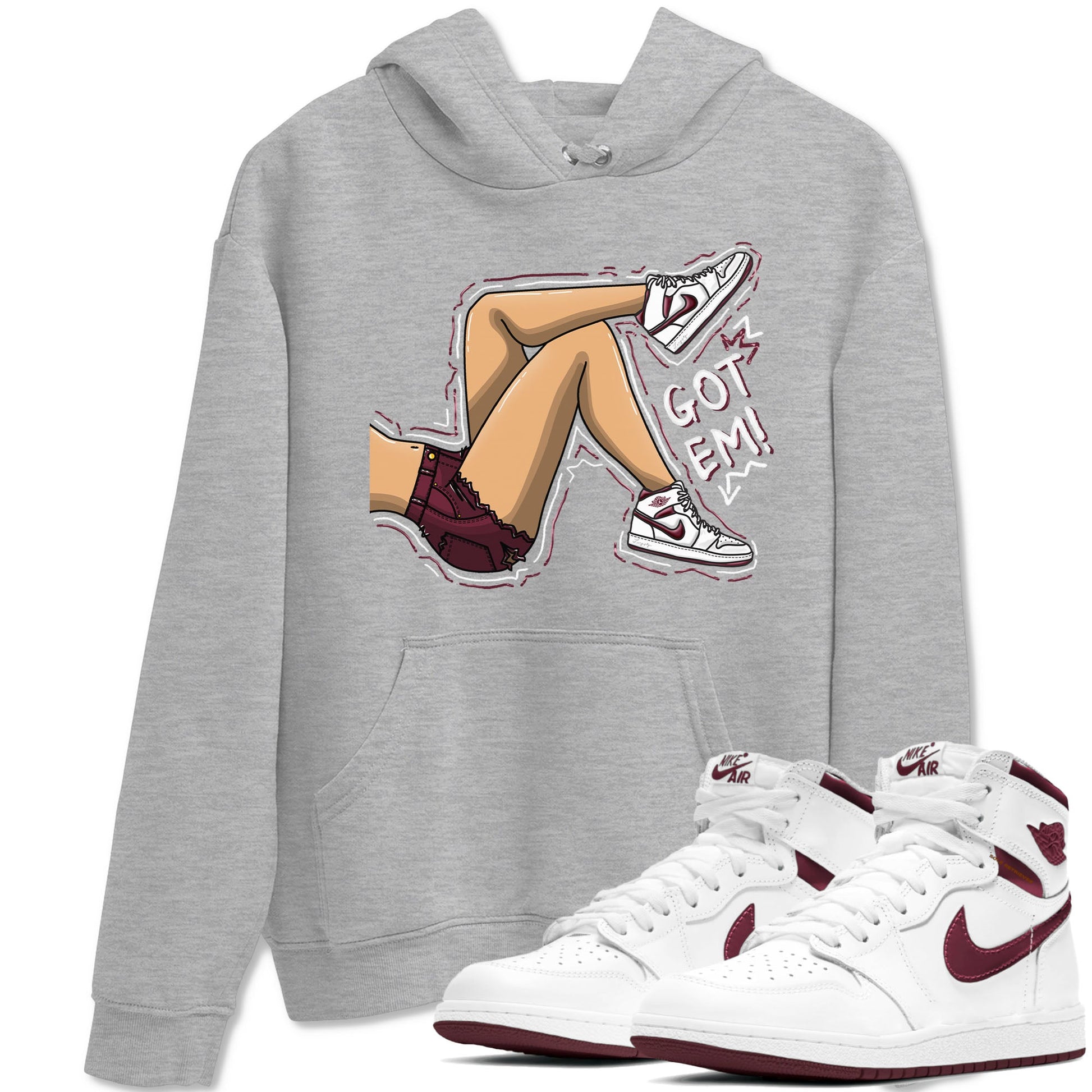 AJ1 Metalic Burgundy shirt to match jordans Got Em Legs sneaker tees Air Jordan 1 Metalic Burgundy SNRT Sneaker Release Tees unisex cotton Heather Grey 1 crew neck shirt