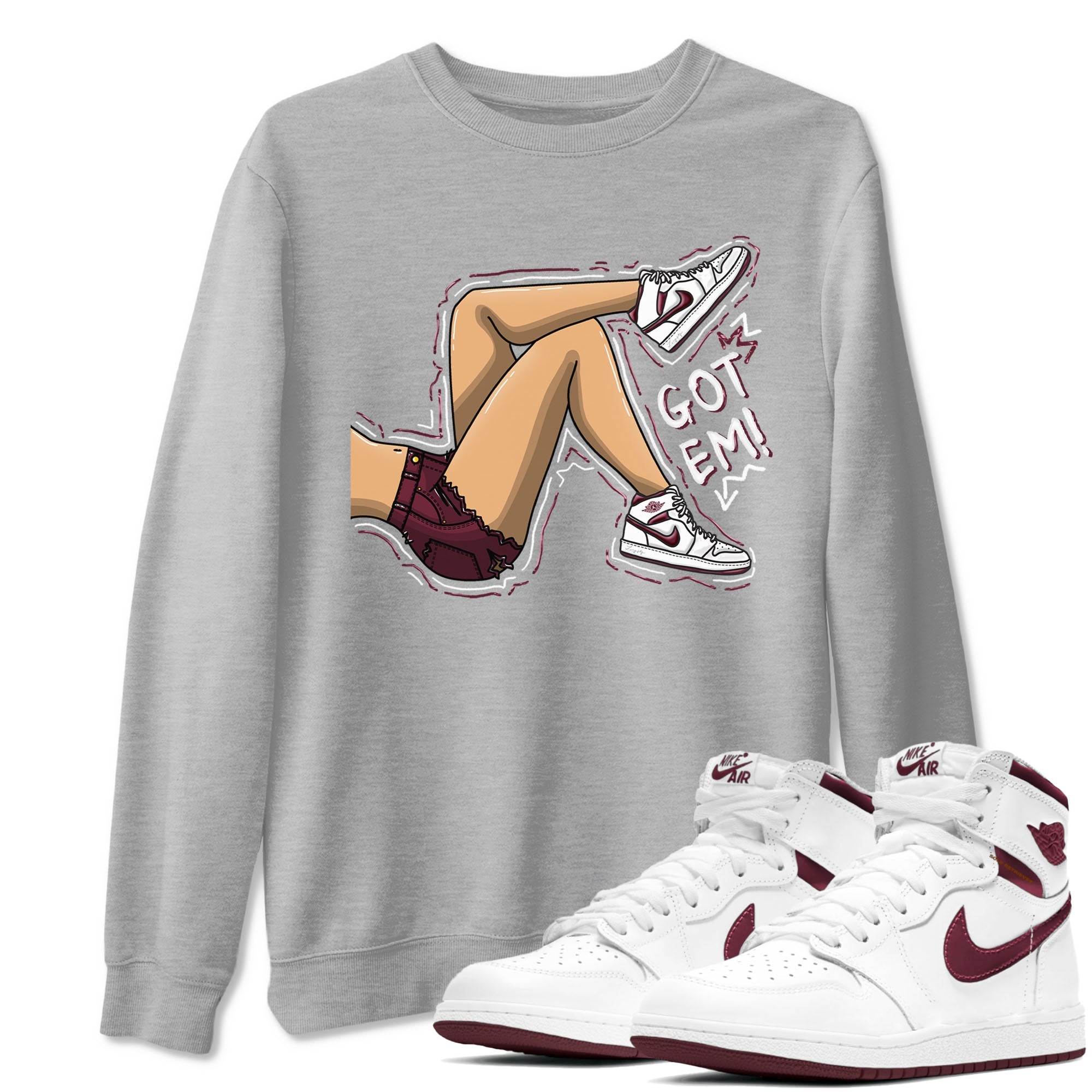 AJ1 Metalic Burgundy shirt to match jordans Got Em Legs sneaker tees Air Jordan 1 Metalic Burgundy SNRT Sneaker Release Tees unisex cotton Heather Grey 1 crew neck shirt