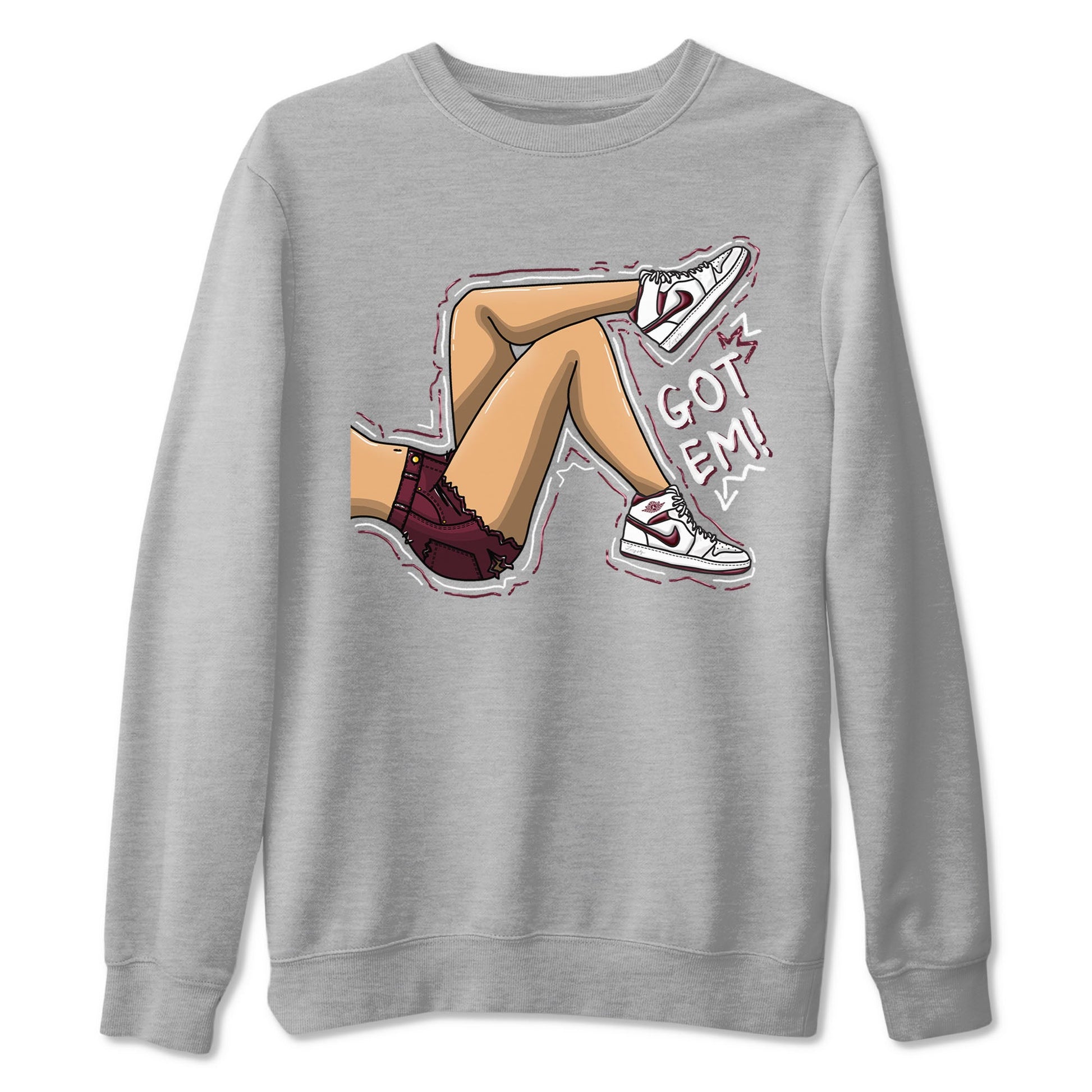 AJ1 Metalic Burgundy shirt to match jordans Got Em Legs sneaker tees Air Jordan 1 Metalic Burgundy SNRT Sneaker Release Tees unisex cotton Heather Grey 2 crew neck shirt
