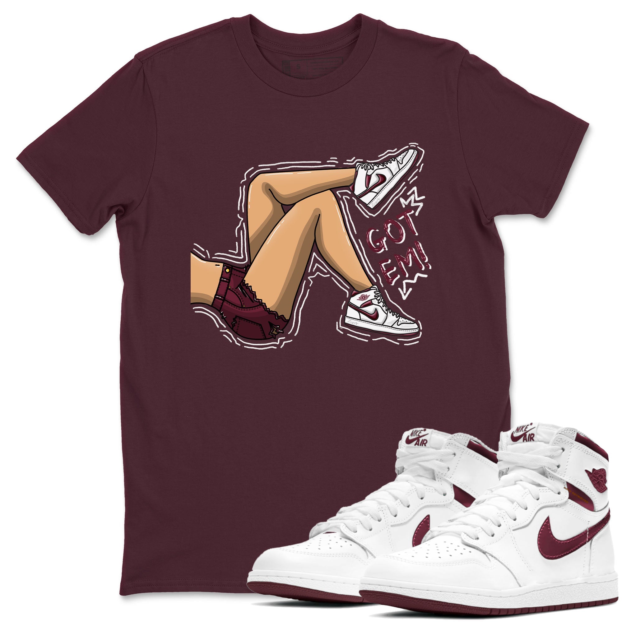 AJ1 Metalic Burgundy shirt to match jordans Got Em Legs sneaker tees Air Jordan 1 Metalic Burgundy SNRT Sneaker Release Tees unisex cotton Maroon 1 crew neck shirt