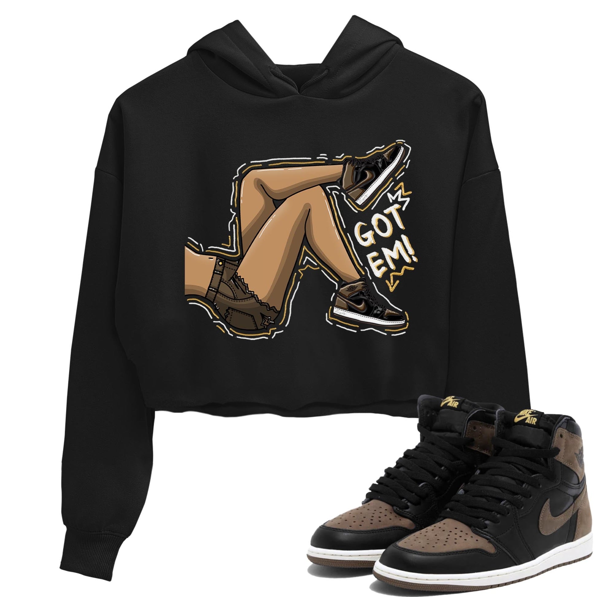 Air Jordan 1 Palomino shirt to match jordans Got Em Legs sneaker tees Crew Neck Jordan 1 Retro High OG Palomino SNRT Sneaker Release Tees Black 1 Crop T-Shirt