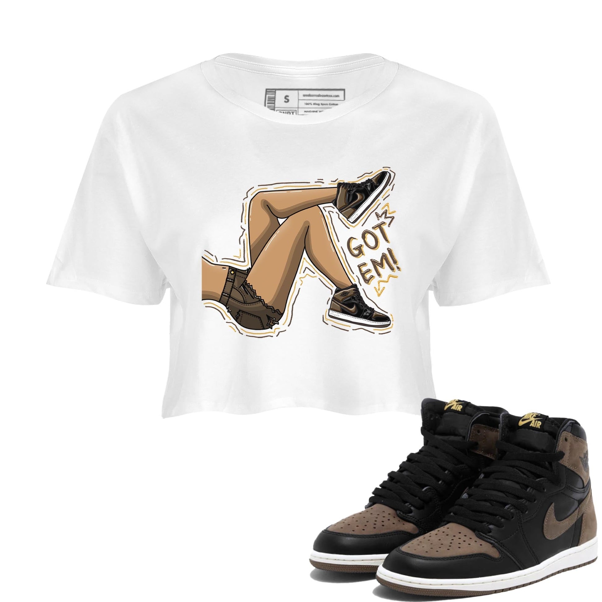 Air Jordan 1 Palomino shirt to match jordans Got Em Legs sneaker tees Crew Neck Jordan 1 Retro High OG Palomino SNRT Sneaker Release Tees White 1 Crop T-Shirt