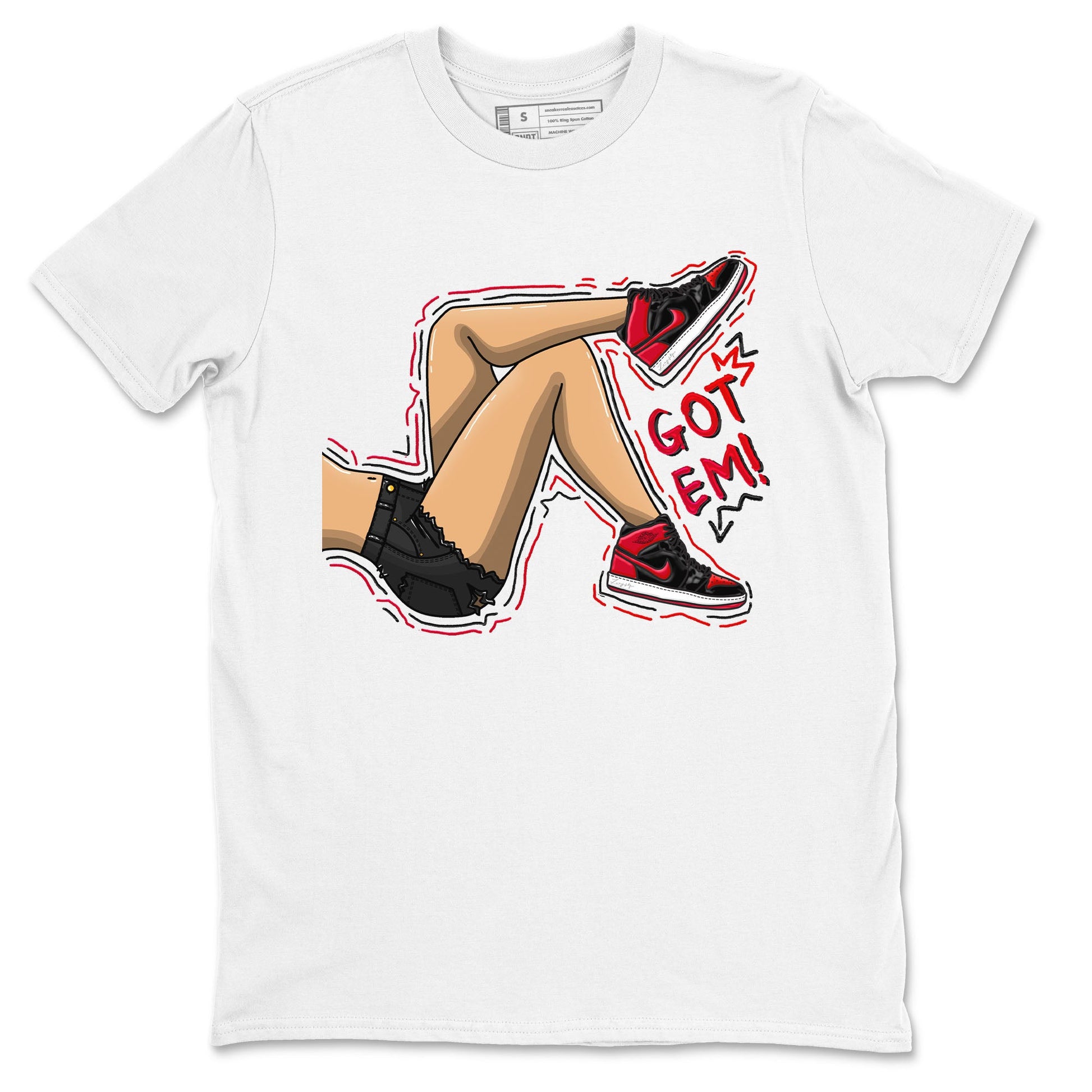Air Jordan 1 Satin Bred shirt to match jordans Got Em Legs sneaker tees AJ1 Retro Satin Bred SNRT Sneaker Tees Sneaker Matching Clothing Brand Unisex Sneaker Tee White 2 T-Shirt