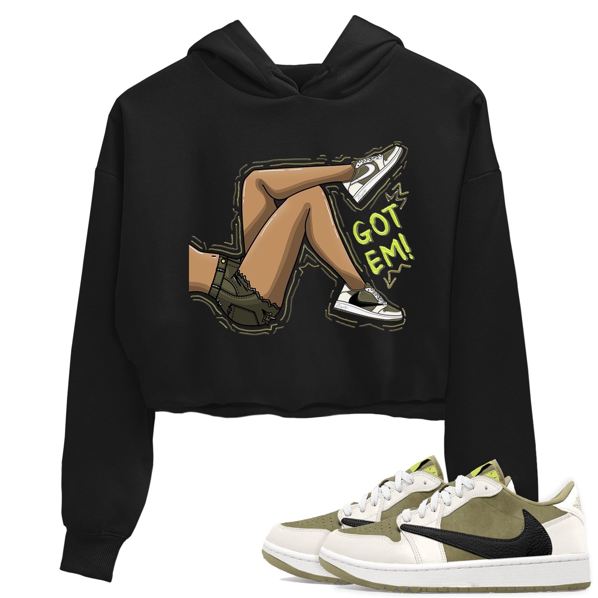 Jordan 1 Low X Travis Scott Golf Olive shirt to match jordans Got Em Legs sneaker release tees Air Jordan 1 Travis Scott Golf Olive SNRT Sneaker Tees Black 1 Crop T-Shirt