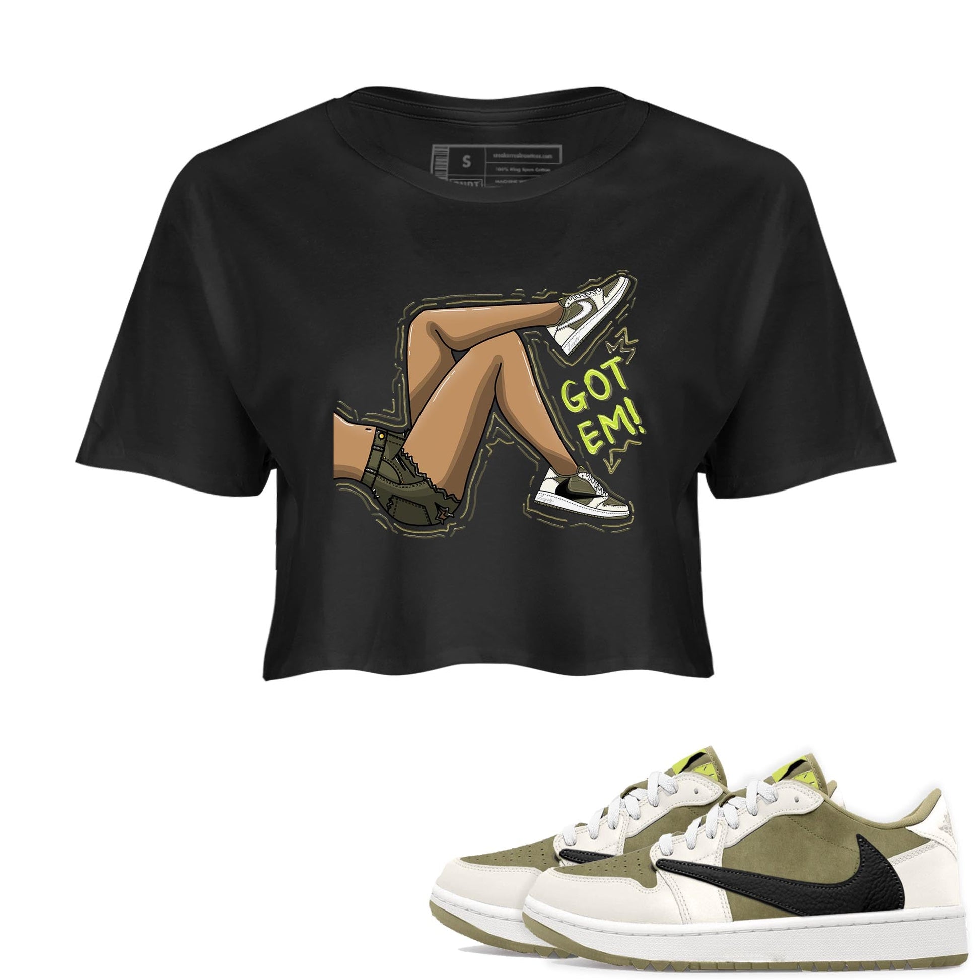 Jordan 1 Low X Travis Scott Golf Olive shirt to match jordans Got Em Legs sneaker release tees Air Jordan 1 Travis Scott Golf Olive SNRT Sneaker Tees Black 1 Crop T-Shirt