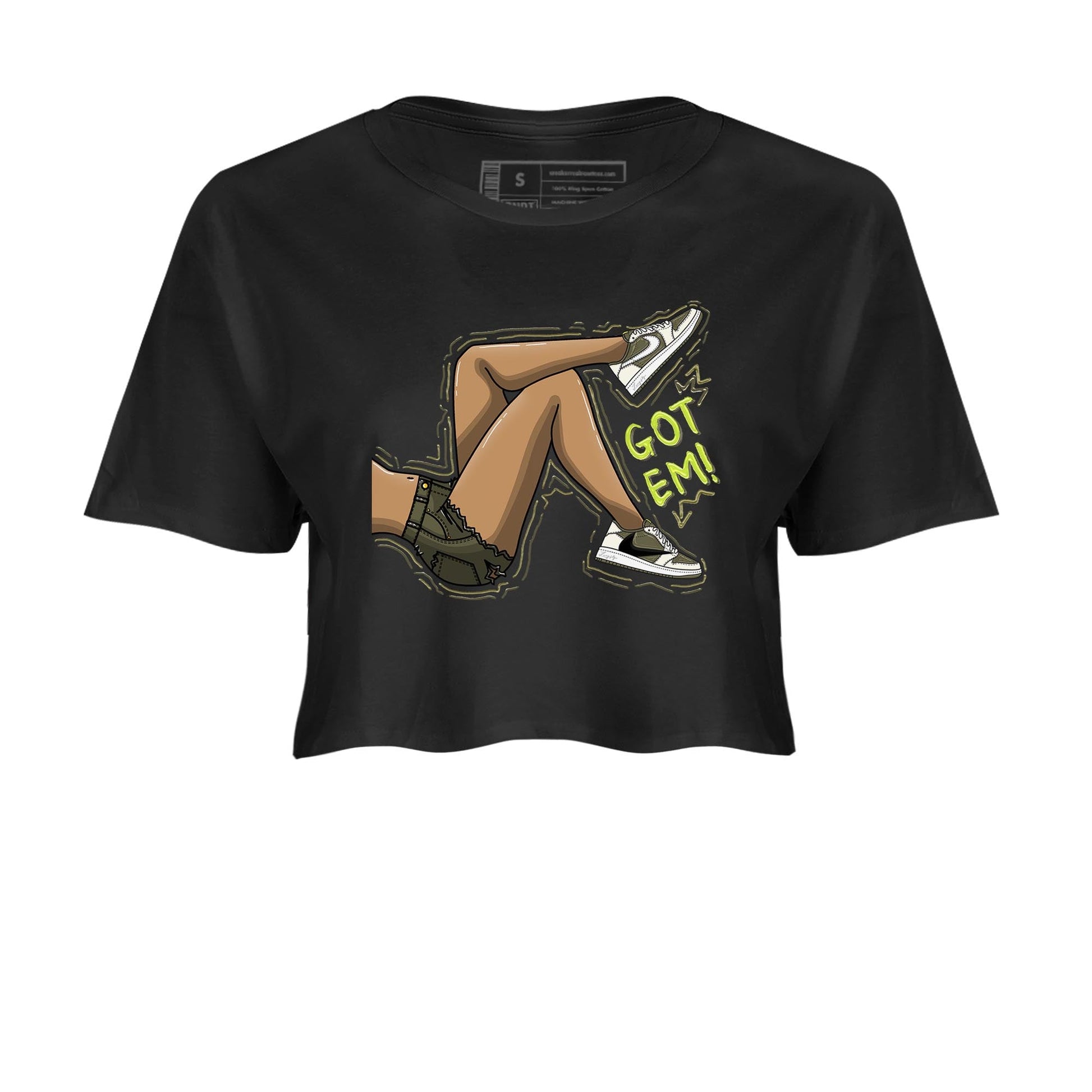 Jordan 1 Low X Travis Scott Golf Olive shirt to match jordans Got Em Legs sneaker release tees Air Jordan 1 Travis Scott Golf Olive SNRT Sneaker Tees Black 2 Crop T-Shirt