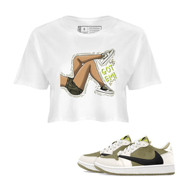 Jordan 1 Low X Travis Scott Golf Olive shirt to match jordans Got Em Legs sneaker release tees Air Jordan 1 Travis Scott Golf Olive SNRT Sneaker Tees White 1 Crop T-Shirt