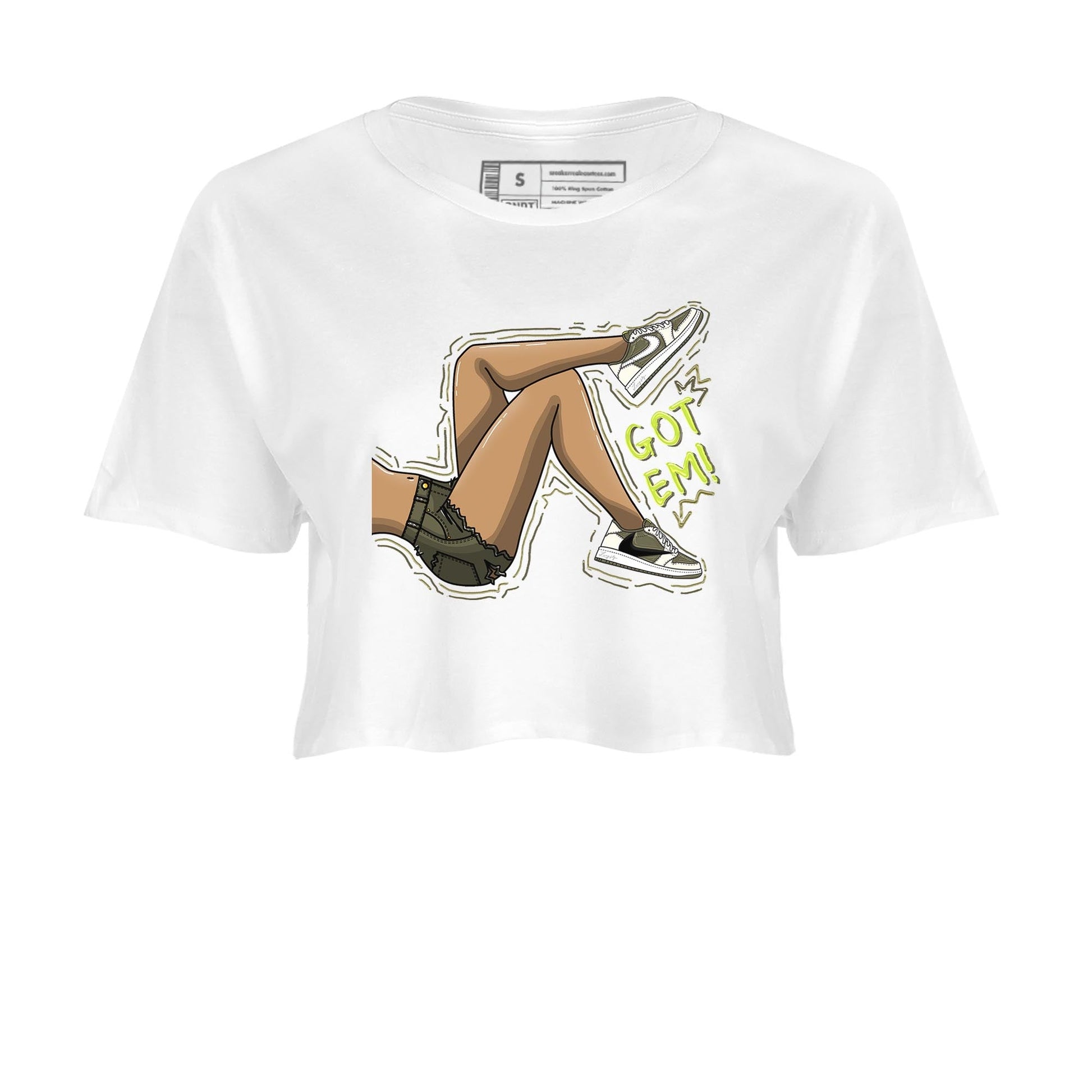 Jordan 1 Low X Travis Scott Golf Olive shirt to match jordans Got Em Legs sneaker release tees Air Jordan 1 Travis Scott Golf Olive SNRT Sneaker Tees White 2 Crop T-Shirt