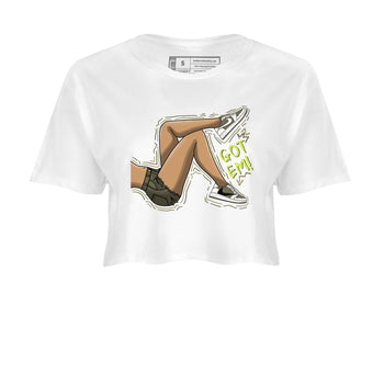 Jordan 1 Low X Travis Scott Golf Olive shirt to match jordans Got Em Legs sneaker release tees Air Jordan 1 Travis Scott Golf Olive SNRT Sneaker Tees White 2 Crop T-Shirt