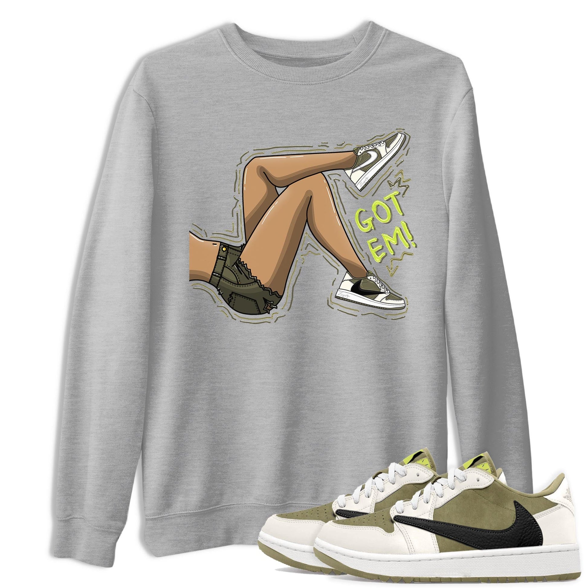 Jordan 1 Low X Travis Scott Golf Olive shirt to match jordans Got Em Legs sneaker release tees Air Jordan 1 Travis Scott Golf Olive SNRT Sneaker Tees Unisex Streetwear Clothing Heather Grey 1 T-Shirt